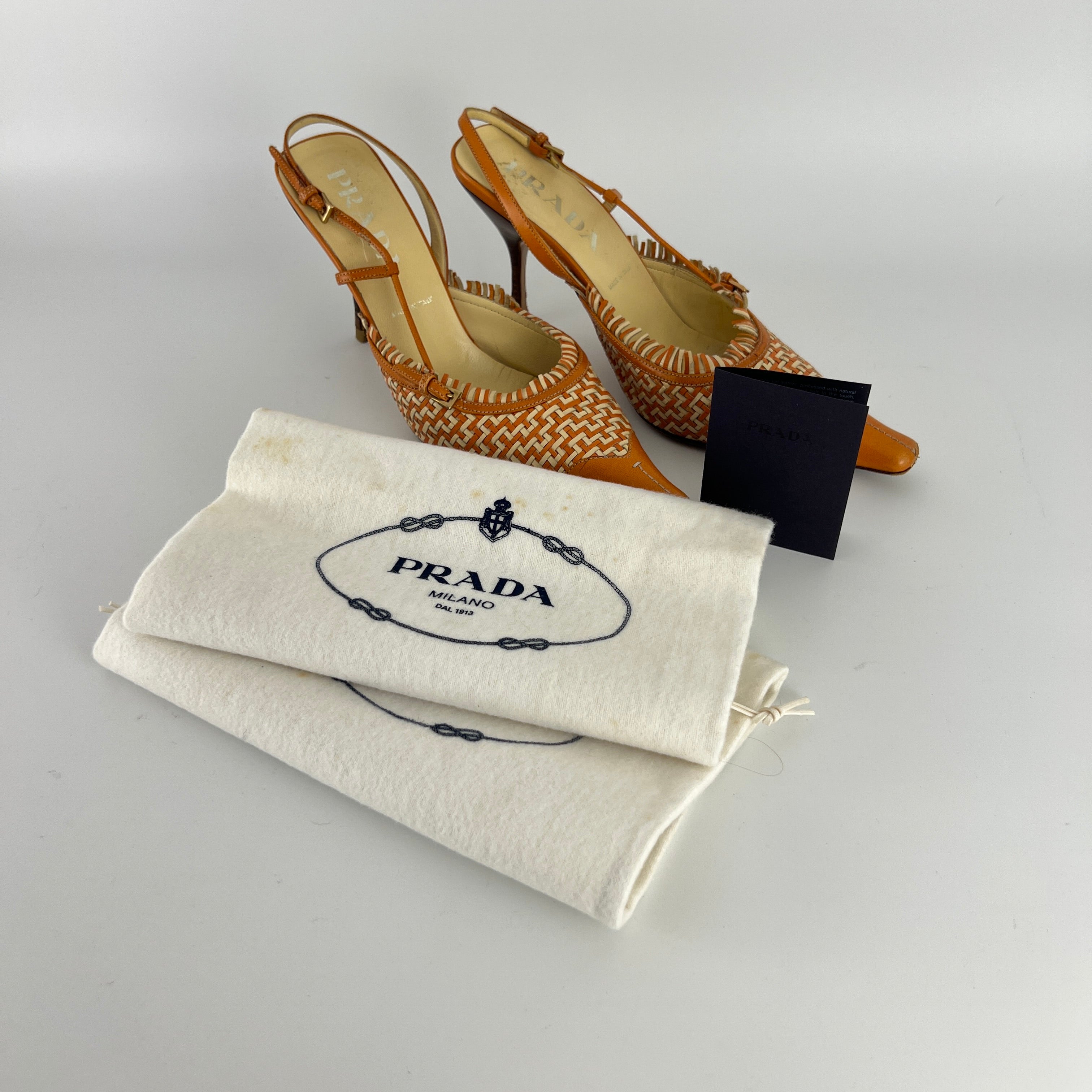 Prada | Vintage Orange Cream Woven Leather Pointed Toe Slingback Heels (37)