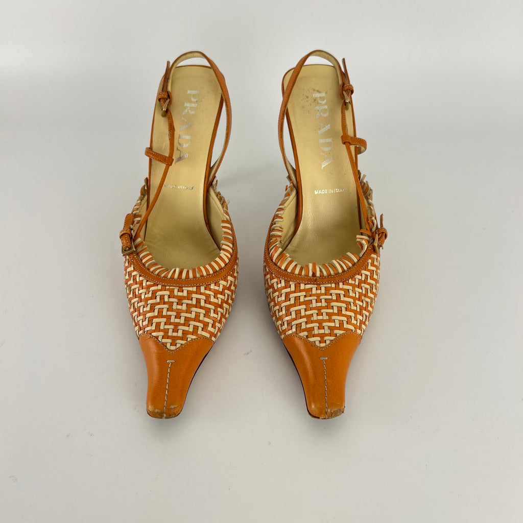 Prada | Vintage Orange Cream Woven Leather Pointed Toe Slingback Heels (37)