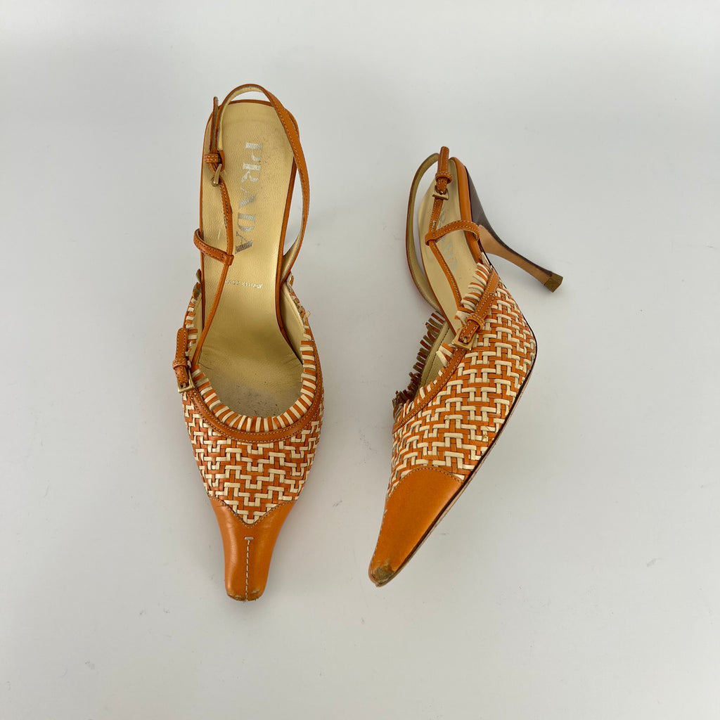 Prada | Vintage Orange Cream Woven Leather Pointed Toe Slingback Heels (37)