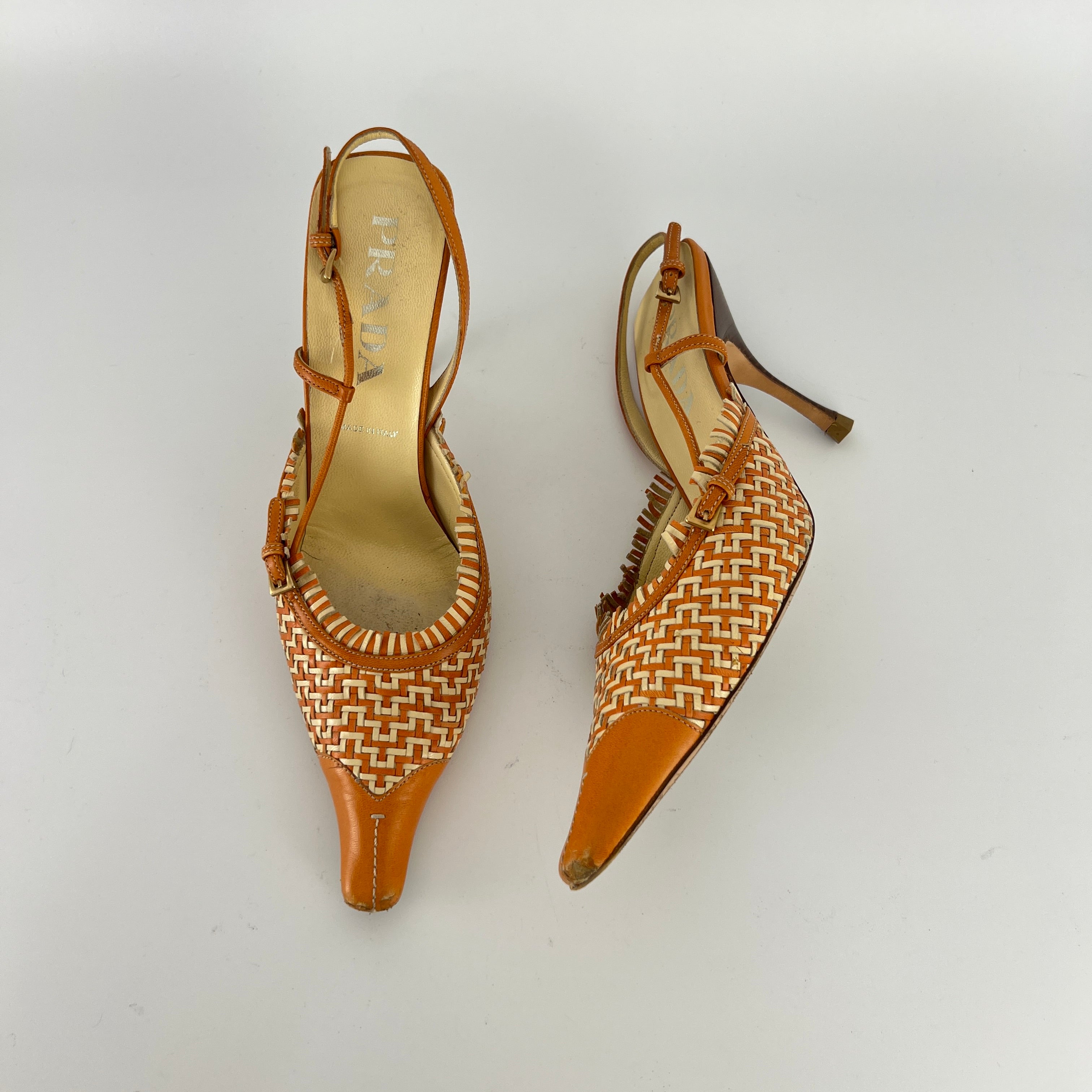 Prada | Vintage Orange Cream Woven Leather Pointed Toe Slingback Heels (37)