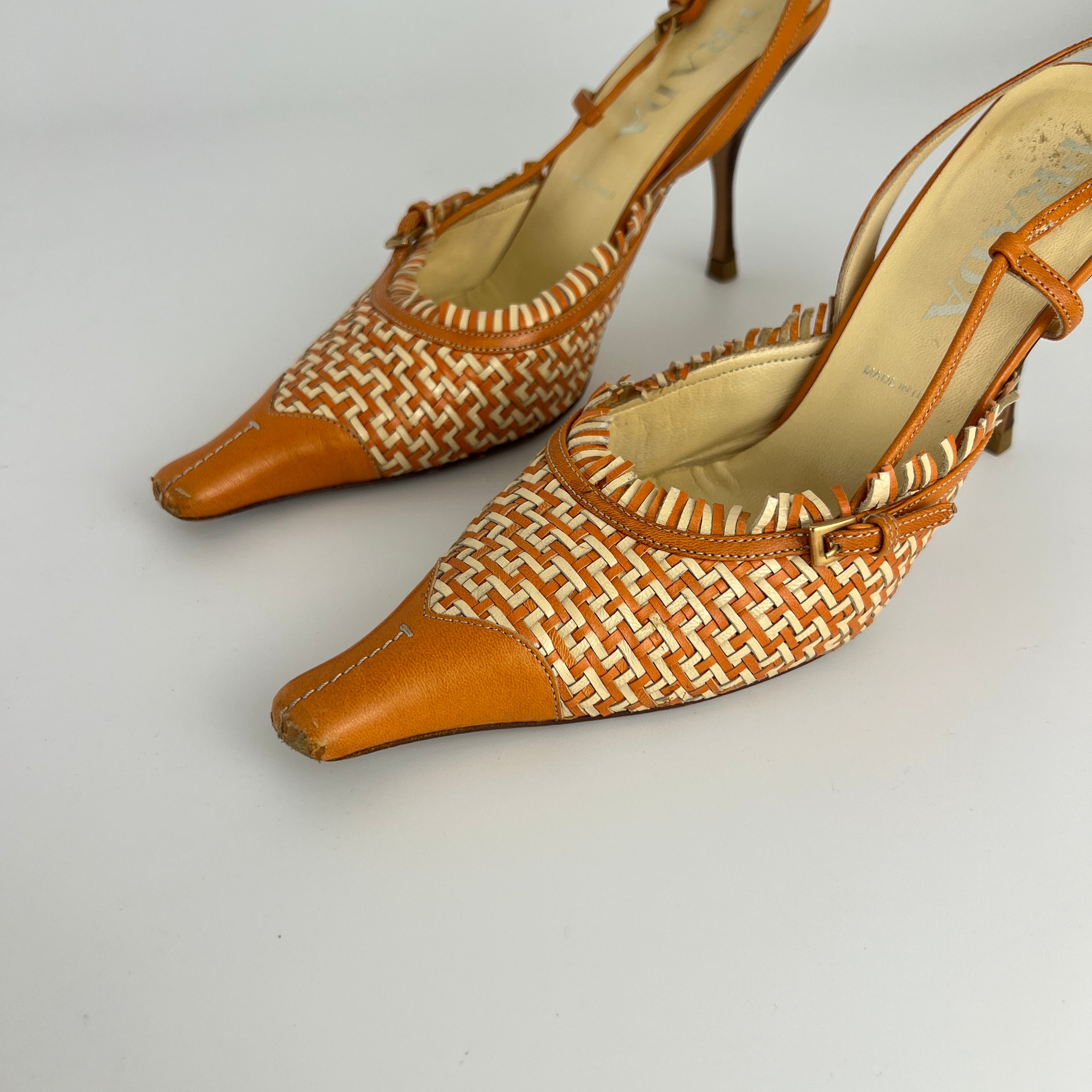 Prada | Vintage Orange Cream Woven Leather Pointed Toe Slingback Heels (37)