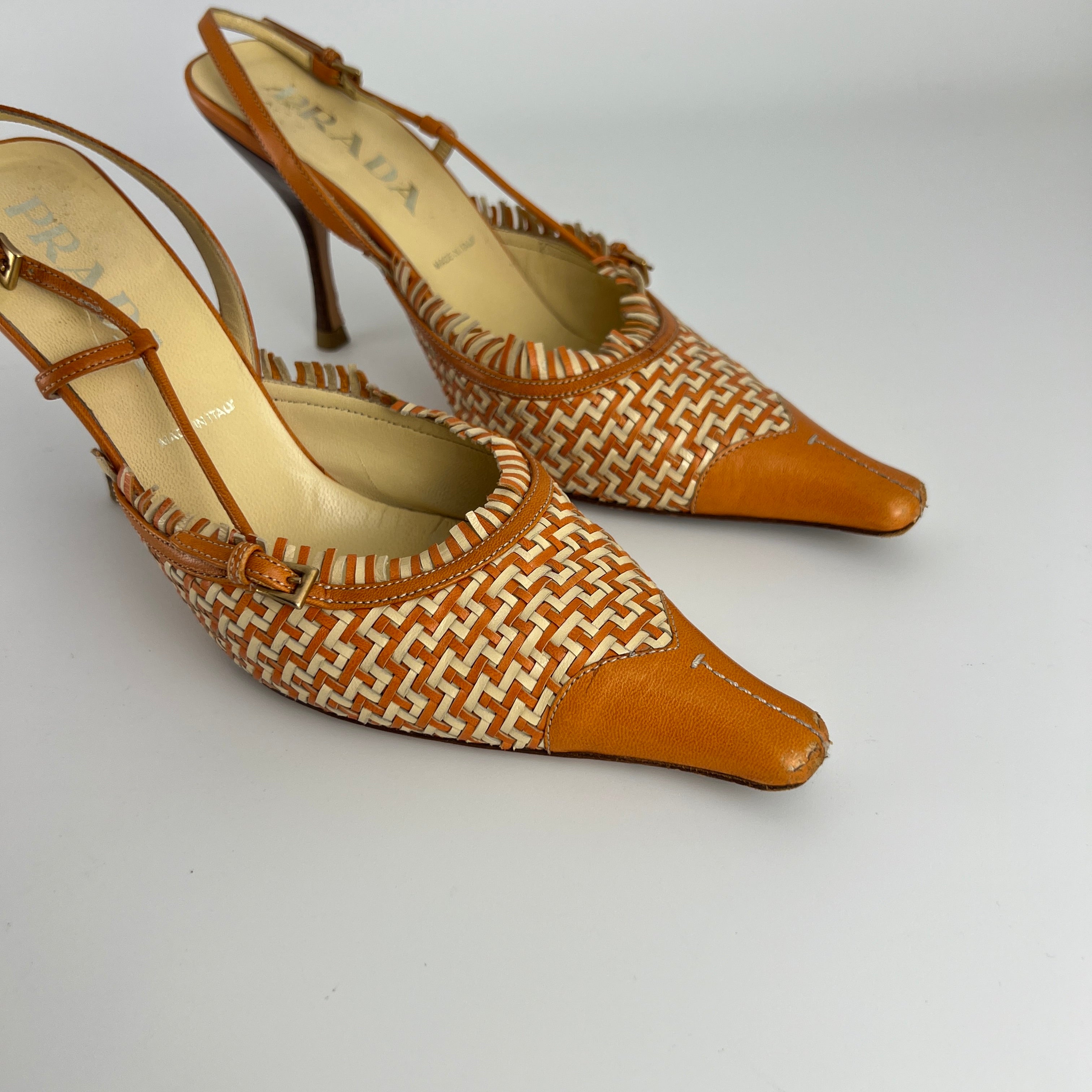 Prada | Vintage Orange Cream Woven Leather Pointed Toe Slingback Heels (37)