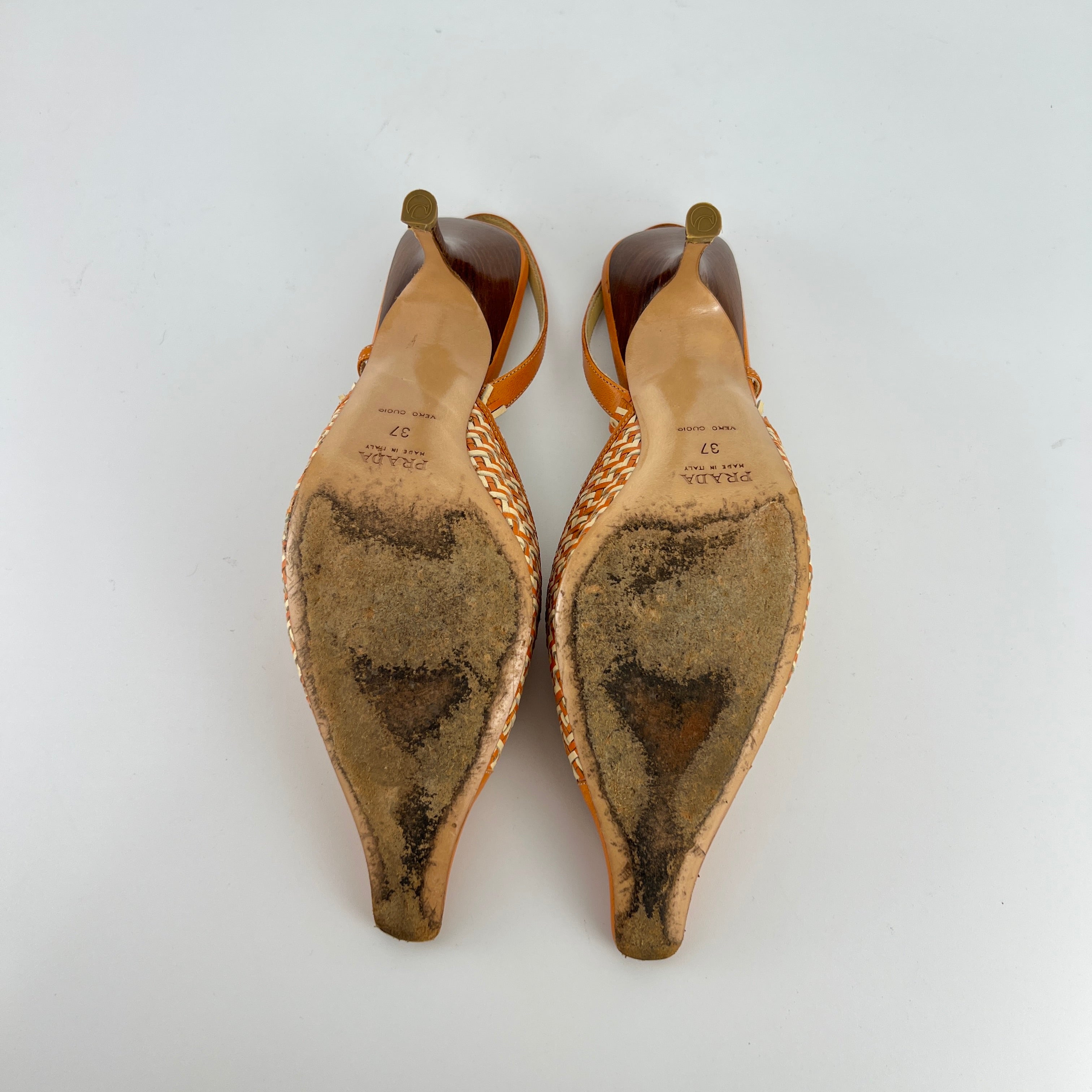 Prada | Vintage Orange Cream Woven Leather Pointed Toe Slingback Heels (37)