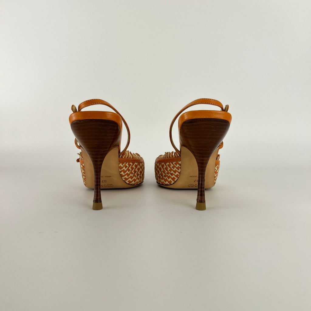 Prada | Vintage Orange Cream Woven Leather Pointed Toe Slingback Heels (37)