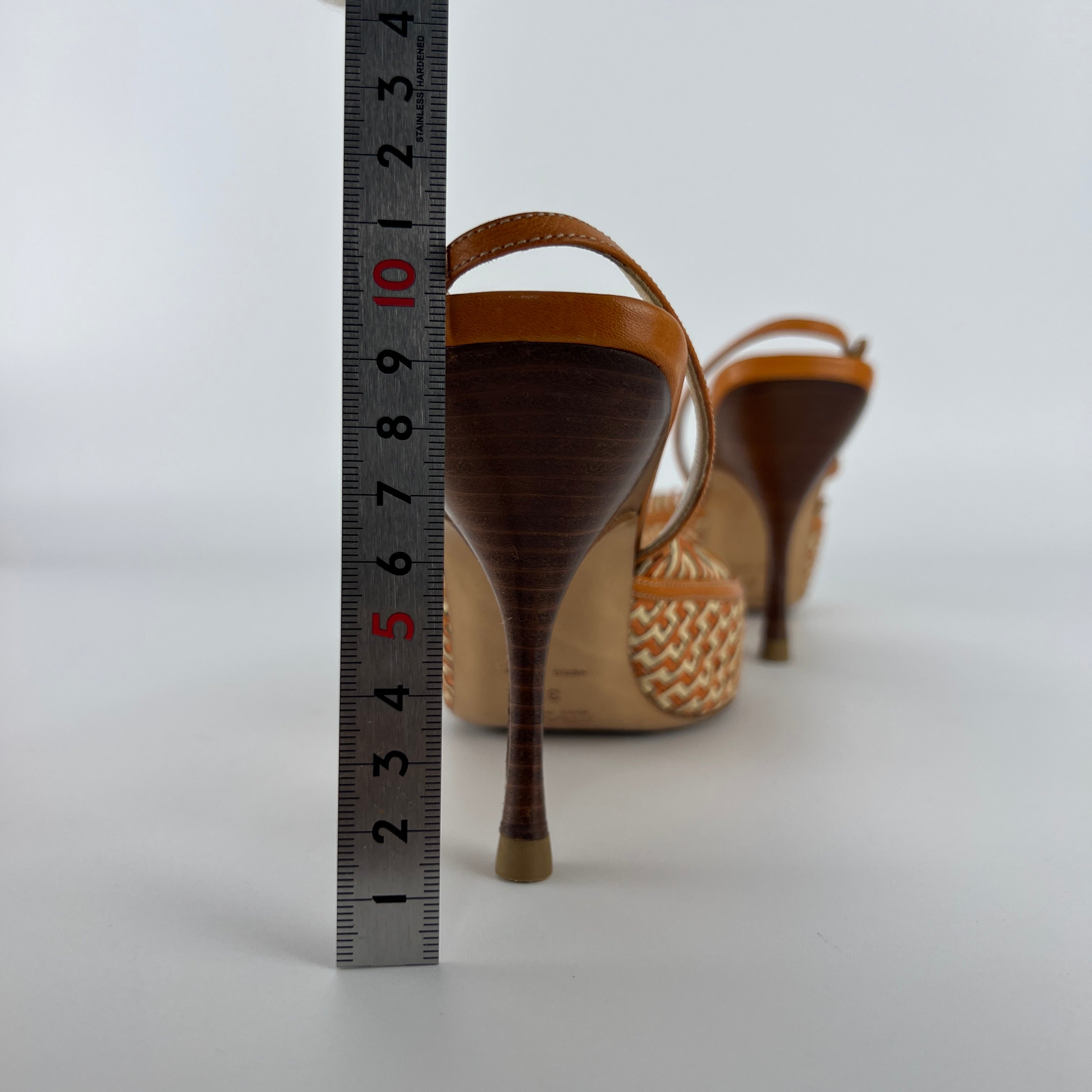 Prada | Vintage Orange Cream Woven Leather Pointed Toe Slingback Heels (37)