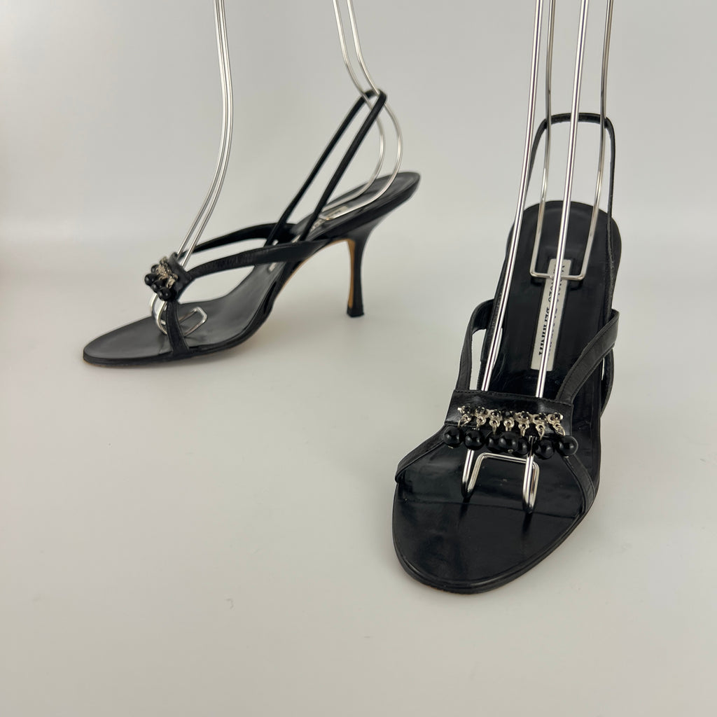 Manolo Blahnik | Black Leather Beaded Tassel Strappy Sandal Heels (35.5)