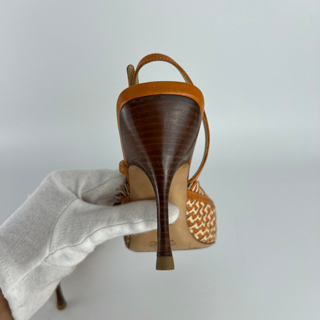 Prada | Vintage Orange Cream Woven Leather Pointed Toe Slingback Heels (37)