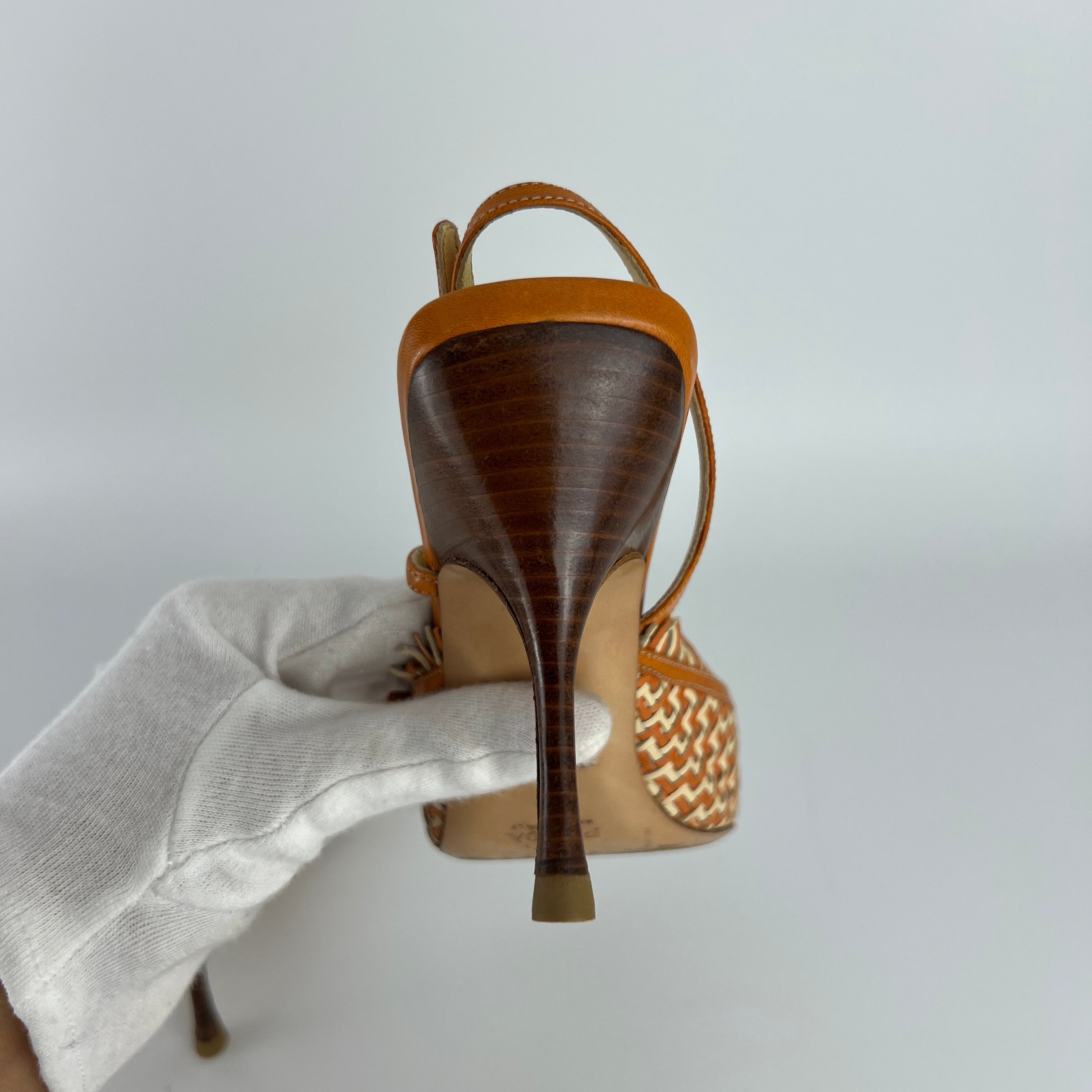 Prada | Vintage Orange Cream Woven Leather Pointed Toe Slingback Heels (37)