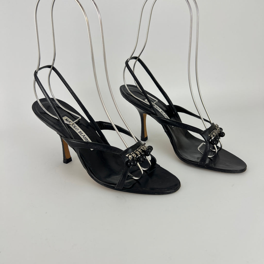Manolo Blahnik | Black Leather Beaded Tassel Strappy Sandal Heels (35.5)