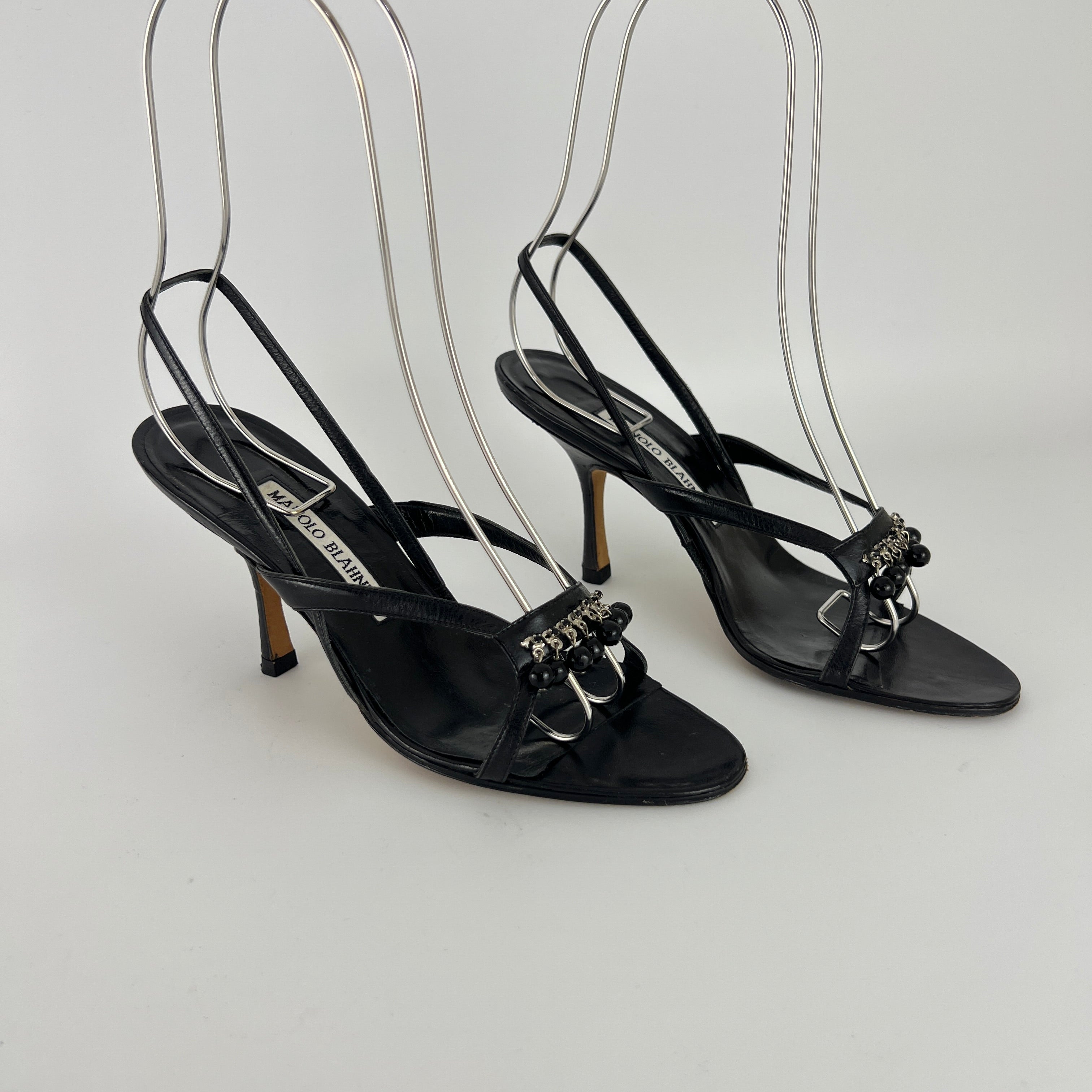 Manolo Blahnik | Black Leather Beaded Tassel Strappy Sandal Heels (35.5)