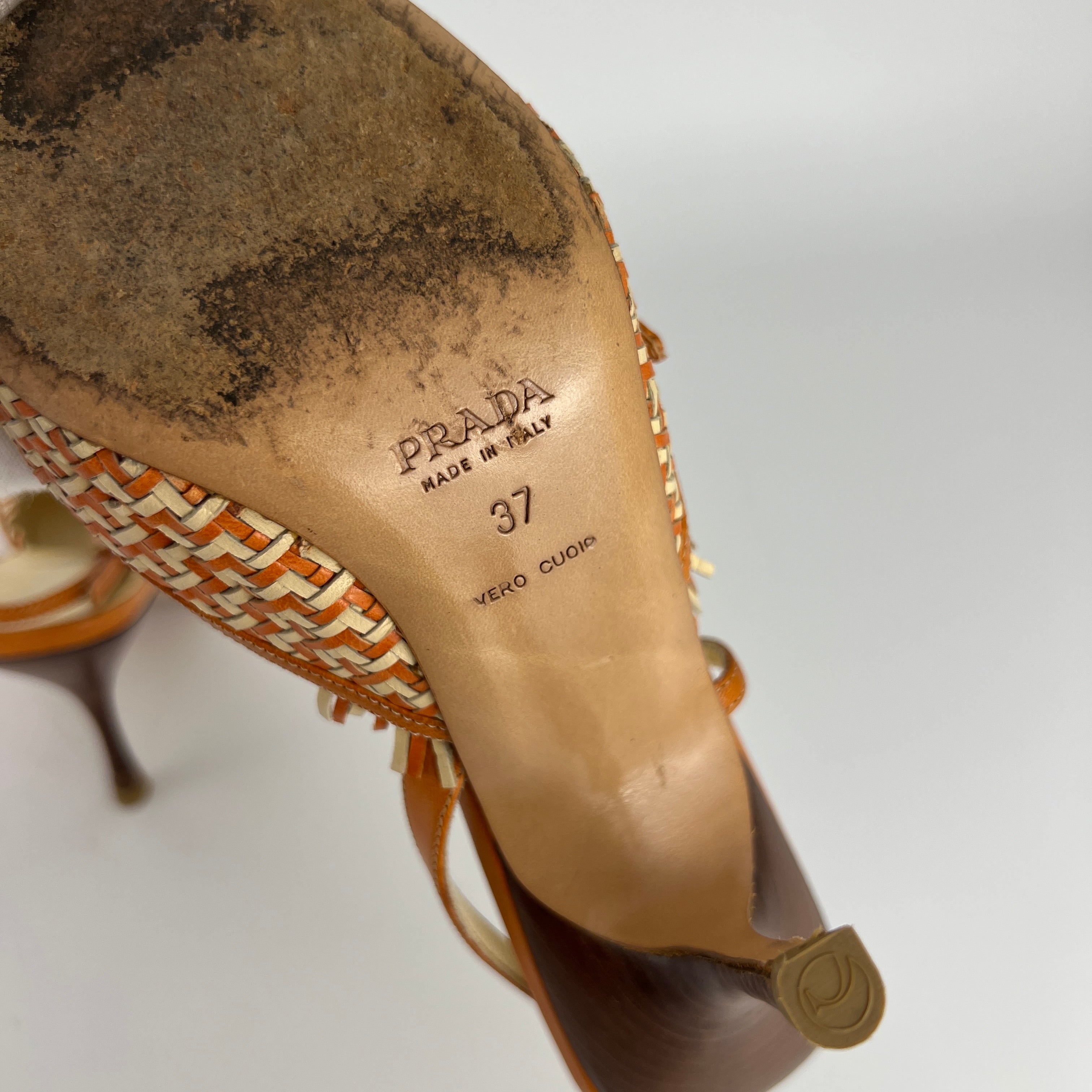 Prada | Vintage Orange Cream Woven Leather Pointed Toe Slingback Heels (37)