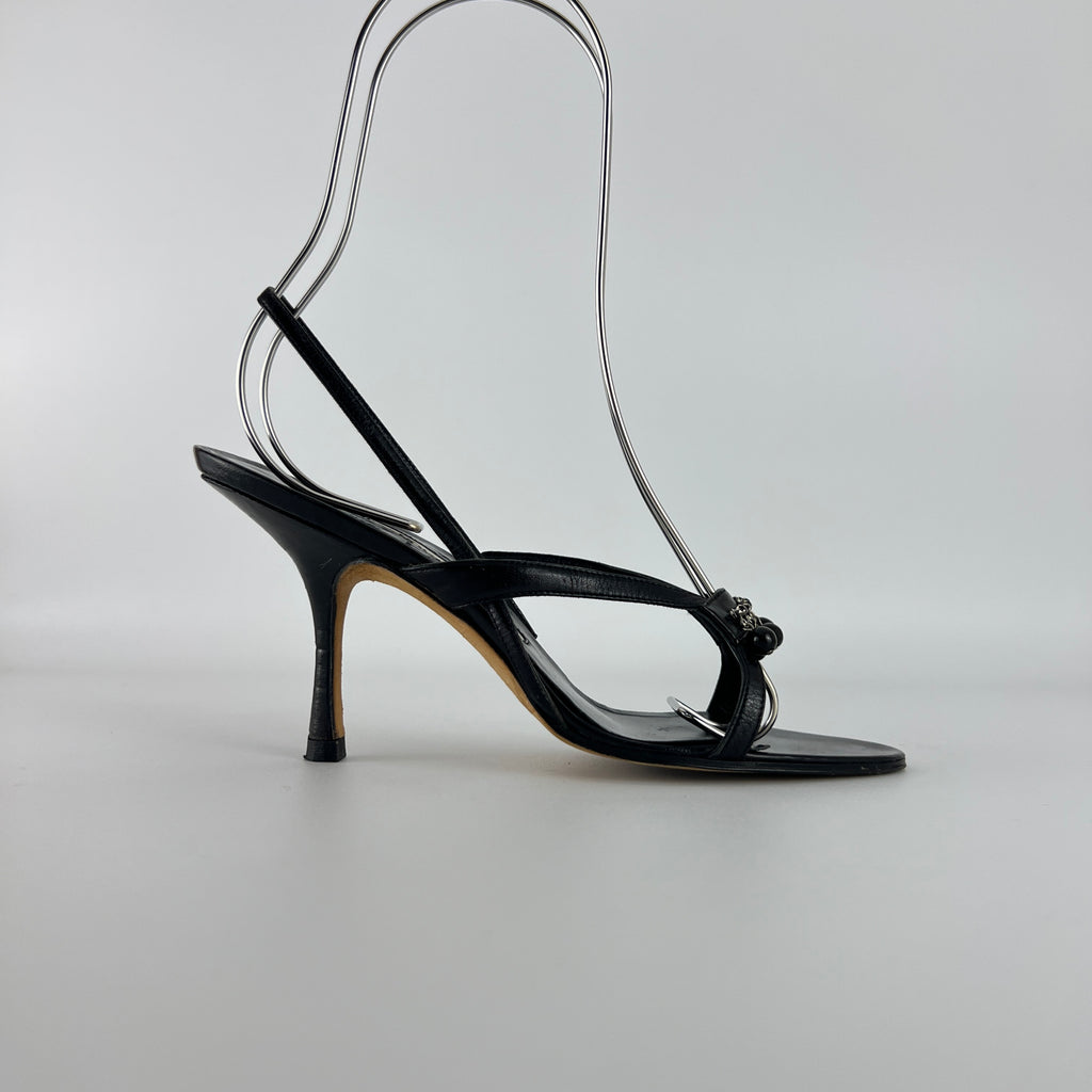 Manolo Blahnik | Black Leather Beaded Tassel Strappy Sandal Heels (35.5)