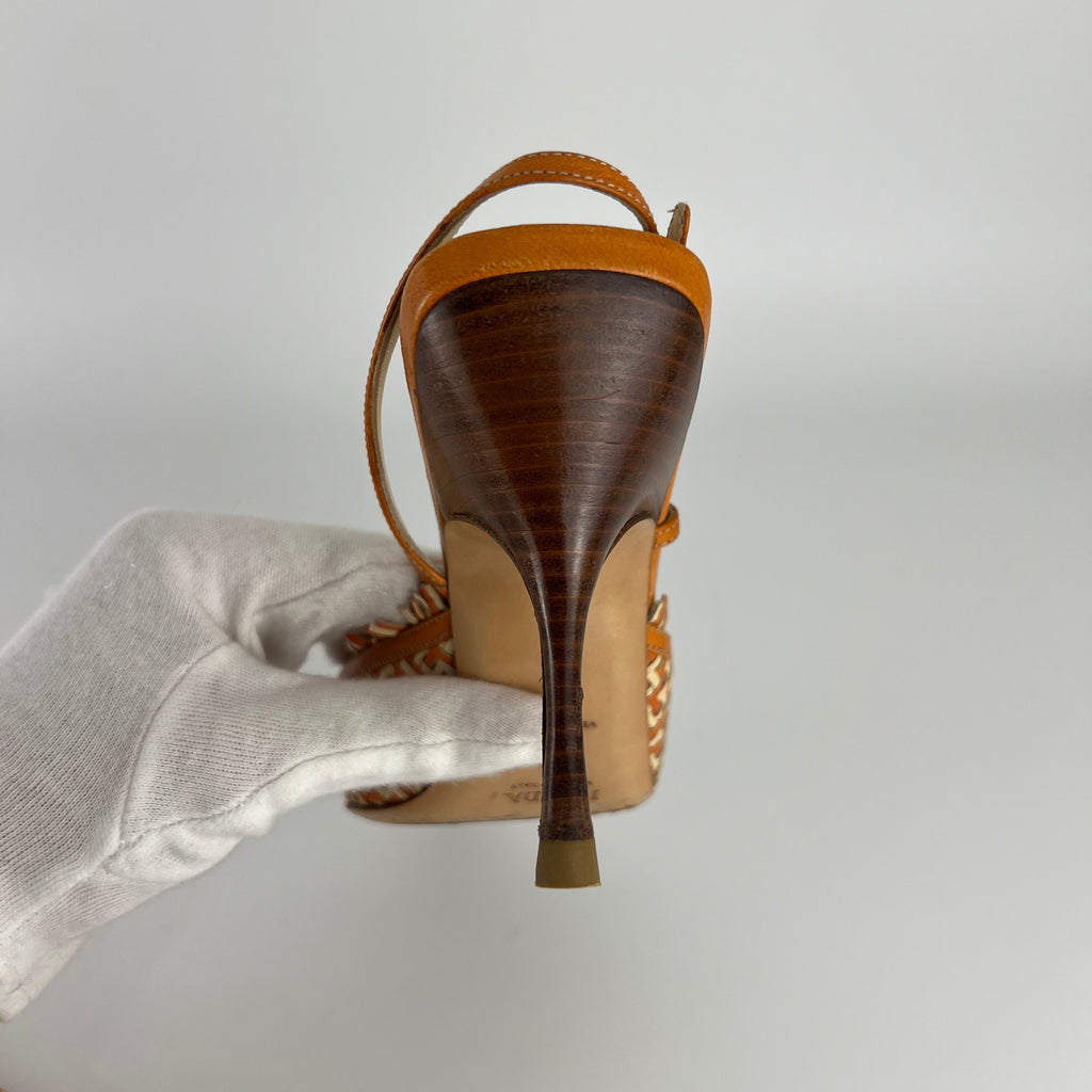 Prada | Vintage Orange Cream Woven Leather Pointed Toe Slingback Heels (37)