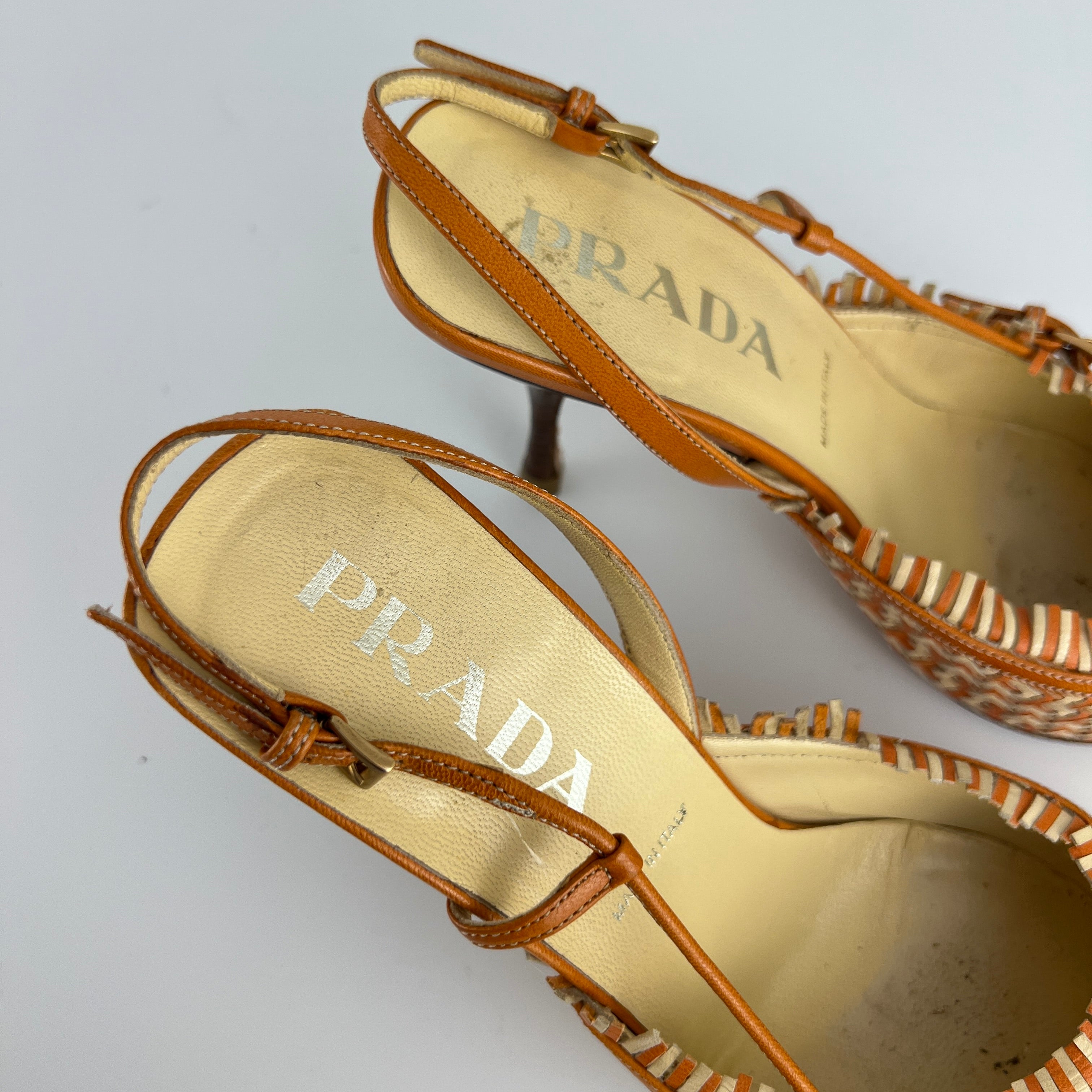 Prada | Vintage Orange Cream Woven Leather Pointed Toe Slingback Heels (37)