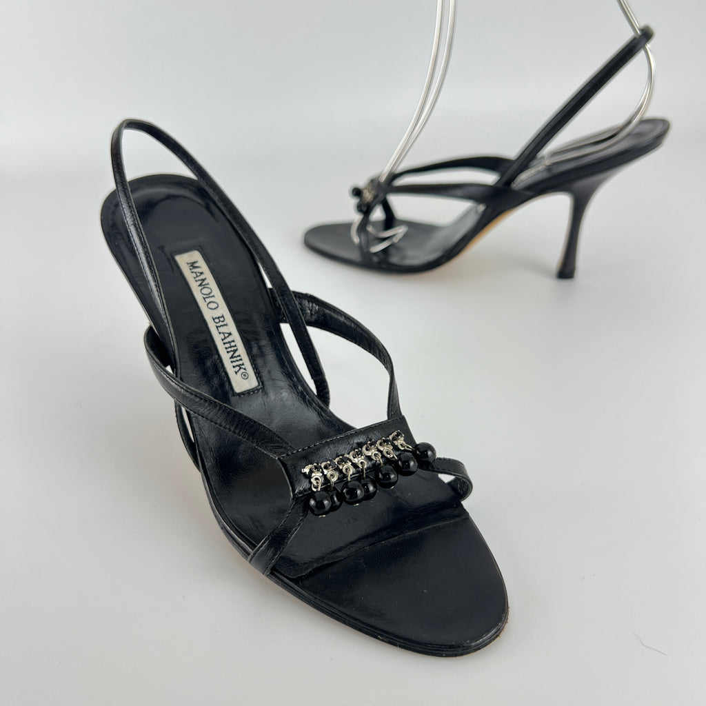 Manolo Blahnik | Black Leather Beaded Tassel Strappy Sandal Heels (35.5)