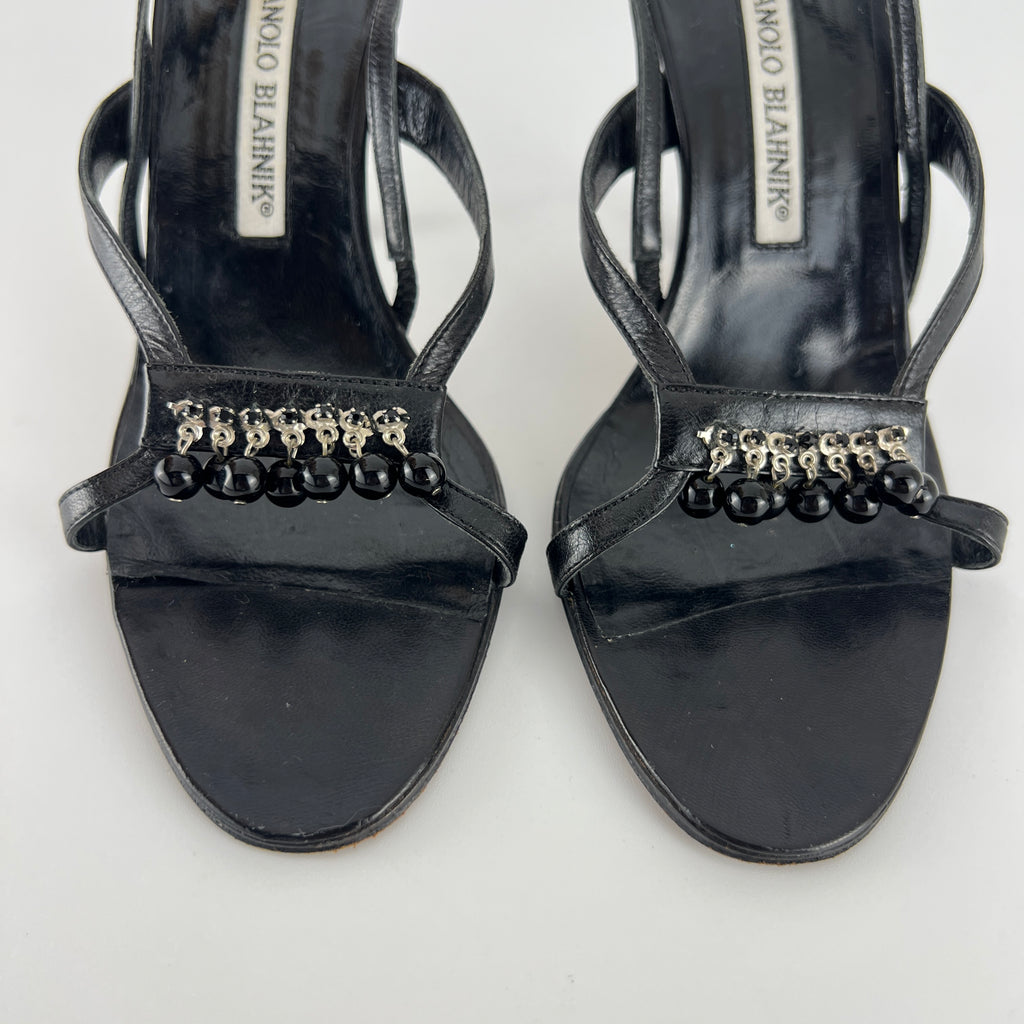 Manolo Blahnik | Black Leather Beaded Tassel Strappy Sandal Heels (35.5)