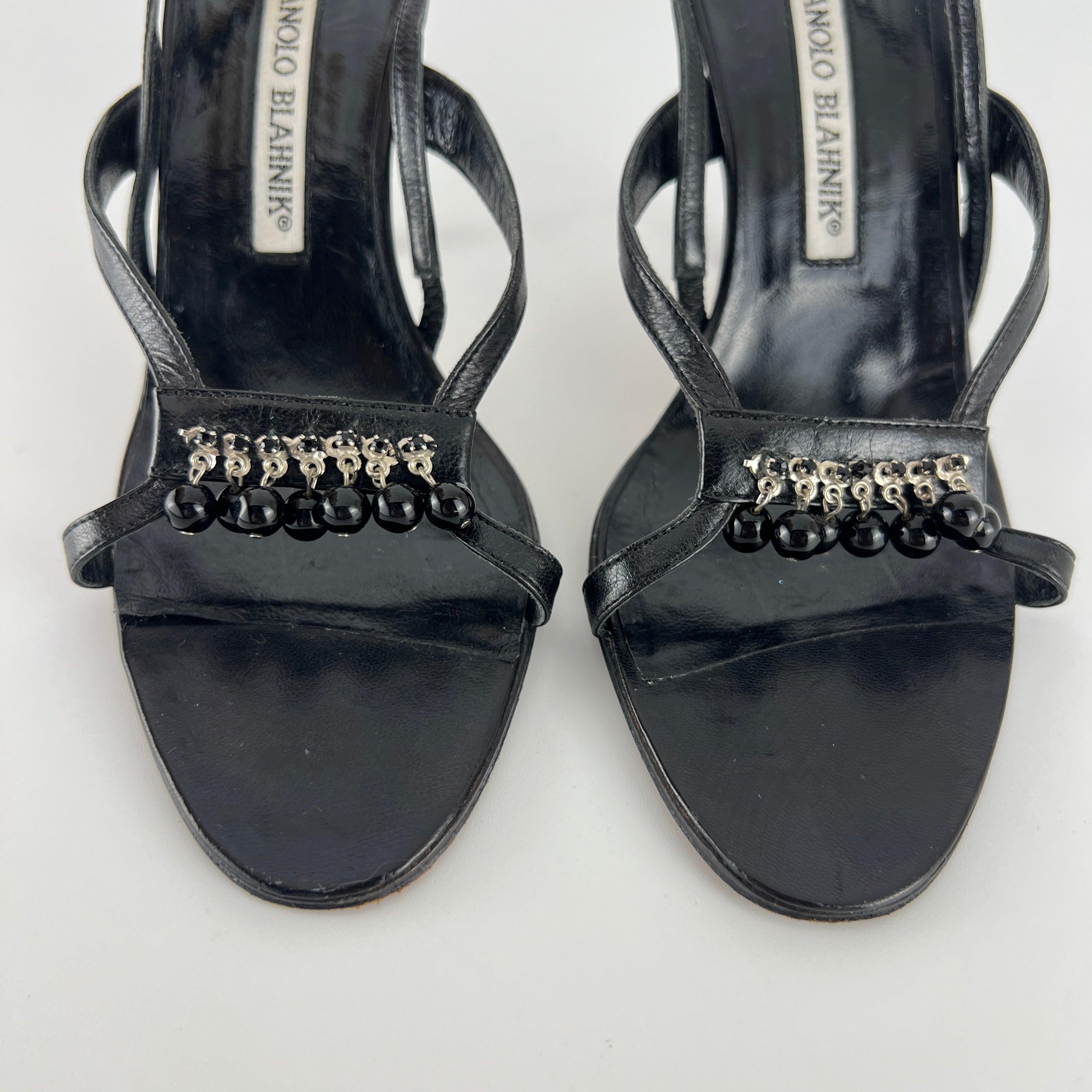 Manolo Blahnik | Black Leather Beaded Tassel Strappy Sandal Heels (35.5)