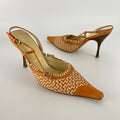Prada | Vintage Orange Cream Woven Leather Pointed Toe Slingback Heels (37)