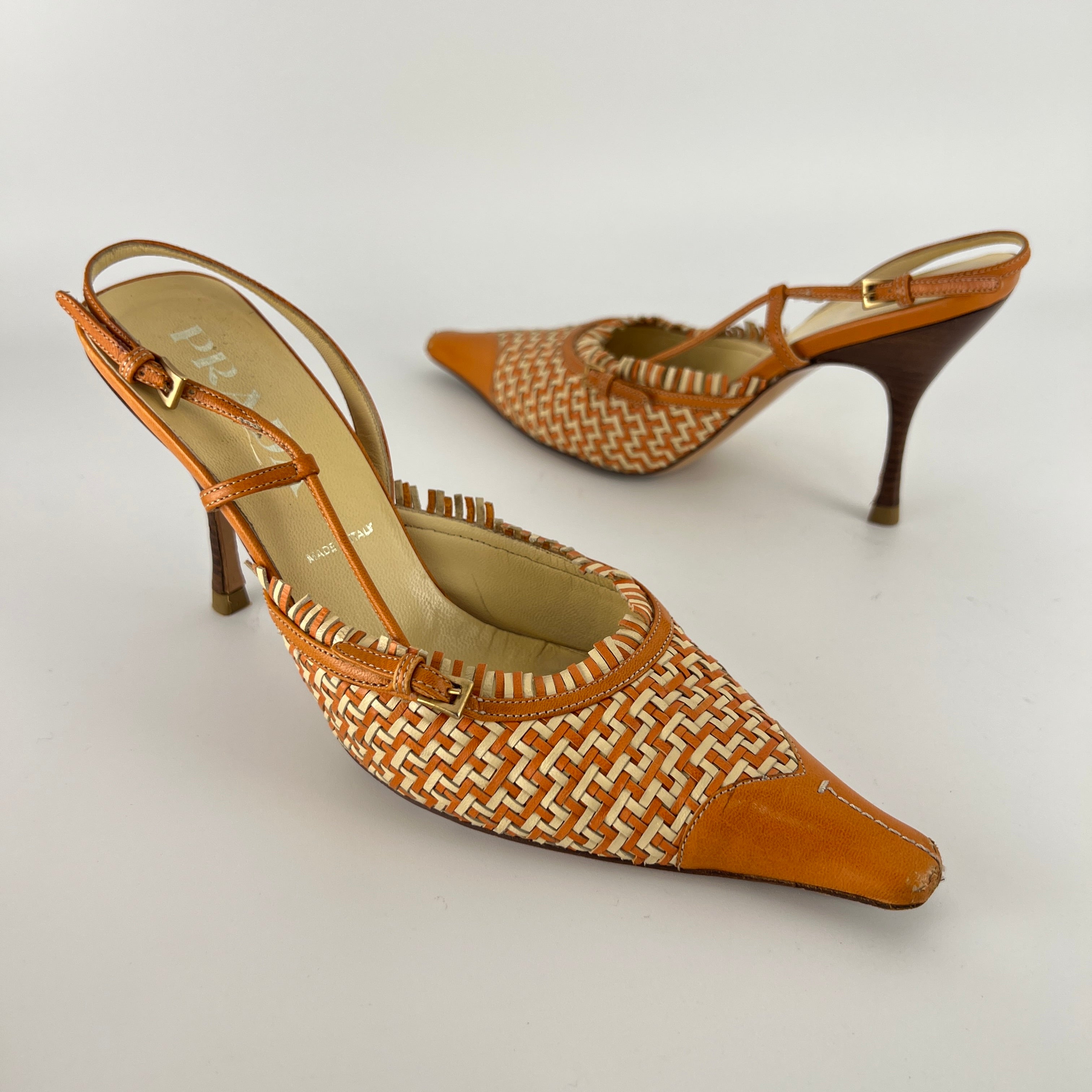 Prada | Vintage Orange Cream Woven Leather Pointed Toe Slingback Heels (37)