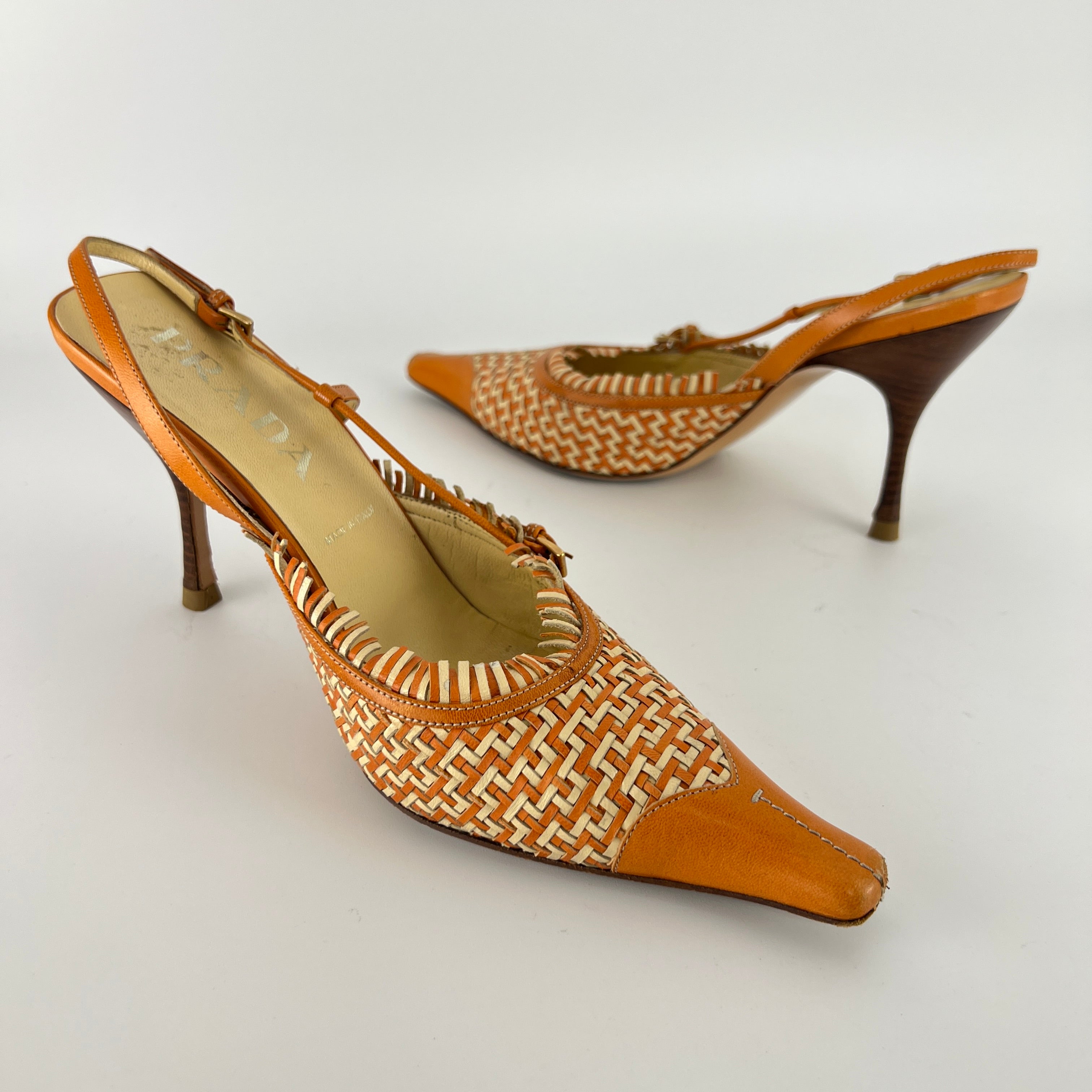 Prada | Vintage Orange Cream Woven Leather Pointed Toe Slingback Heels (37)