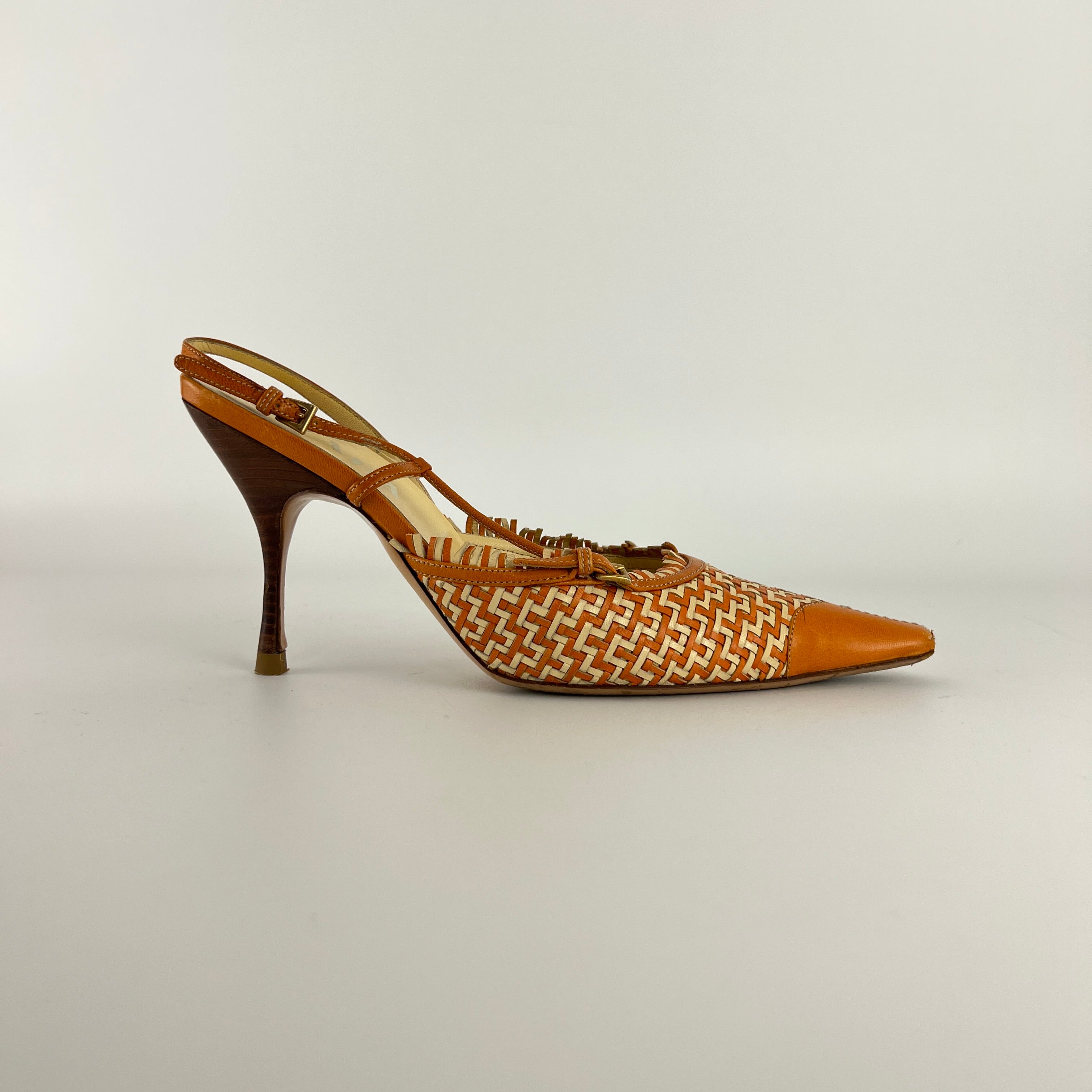 Prada | Vintage Orange Cream Woven Leather Pointed Toe Slingback Heels (37)