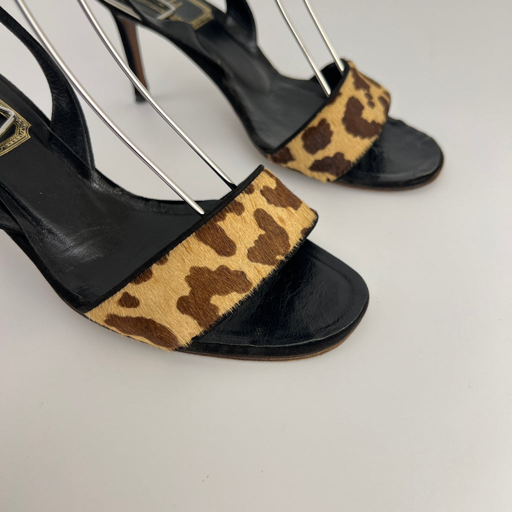 Dior | Vintage Leopard Print Calf Hair Ankle Wrap Sandal Heels (37.5)