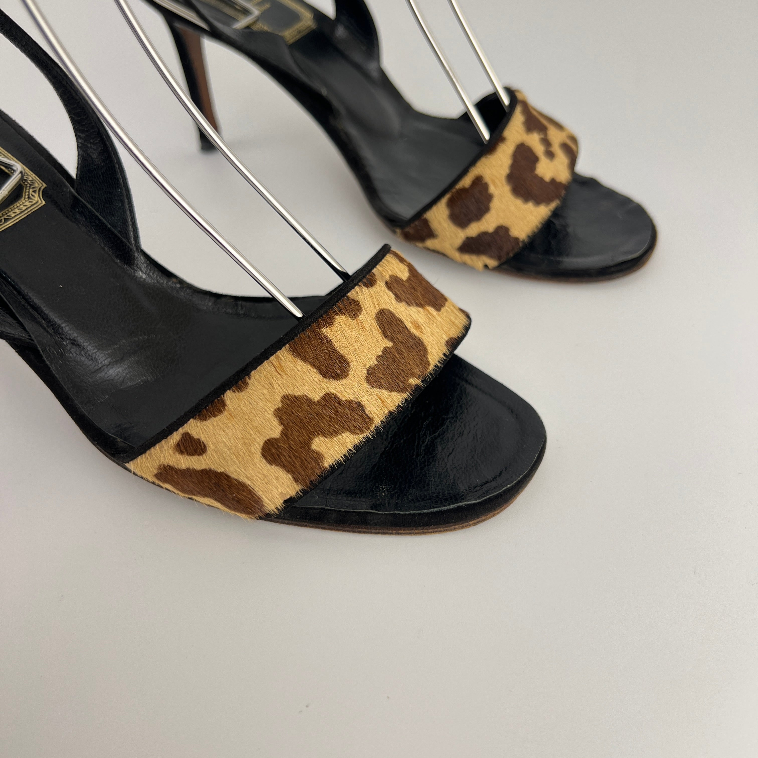 Dior | Vintage Leopard Print Calf Hair Ankle Wrap Sandal Heels (37.5)
