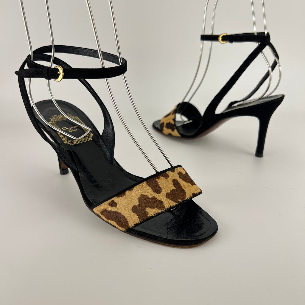 Dior | Vintage Leopard Print Calf Hair Ankle Wrap Sandal Heels (37.5)