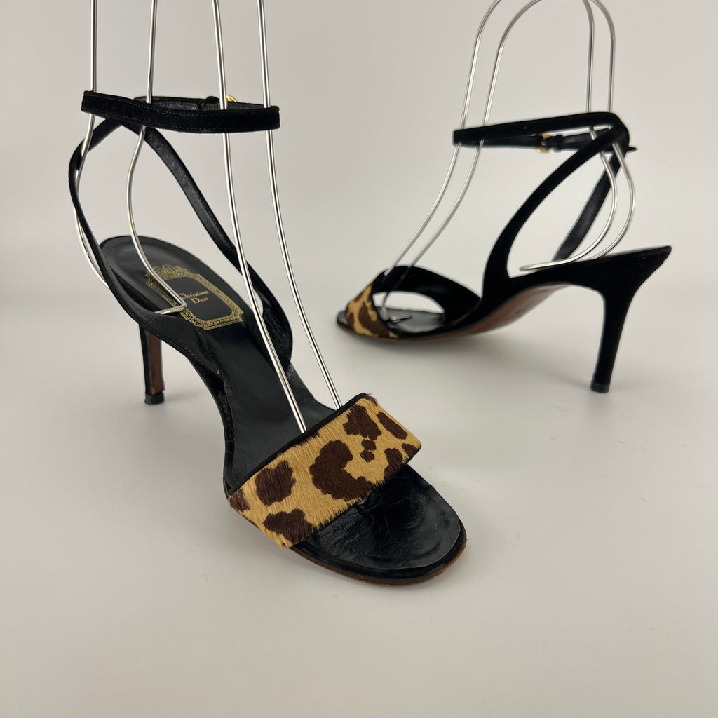 Dior | Vintage Leopard Print Calf Hair Ankle Wrap Sandal Heels (37.5)