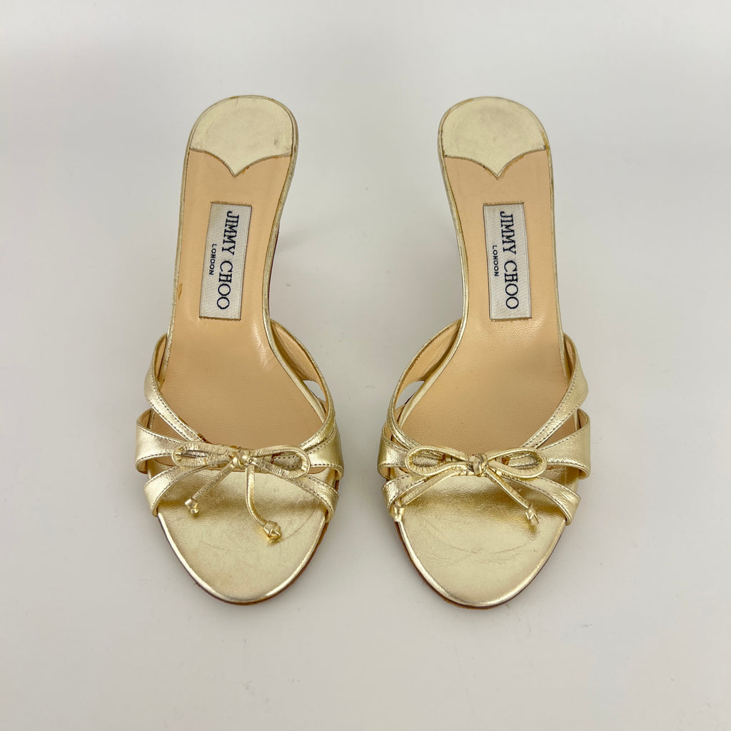Jimmy Choo | Metallic Gold Ribbon Bow Strappy Kitten Heel Slide Mules (36)