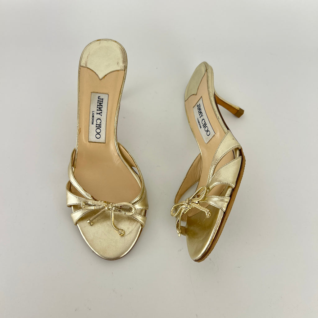Jimmy Choo | Metallic Gold Ribbon Bow Strappy Kitten Heel Slide Mules (36)
