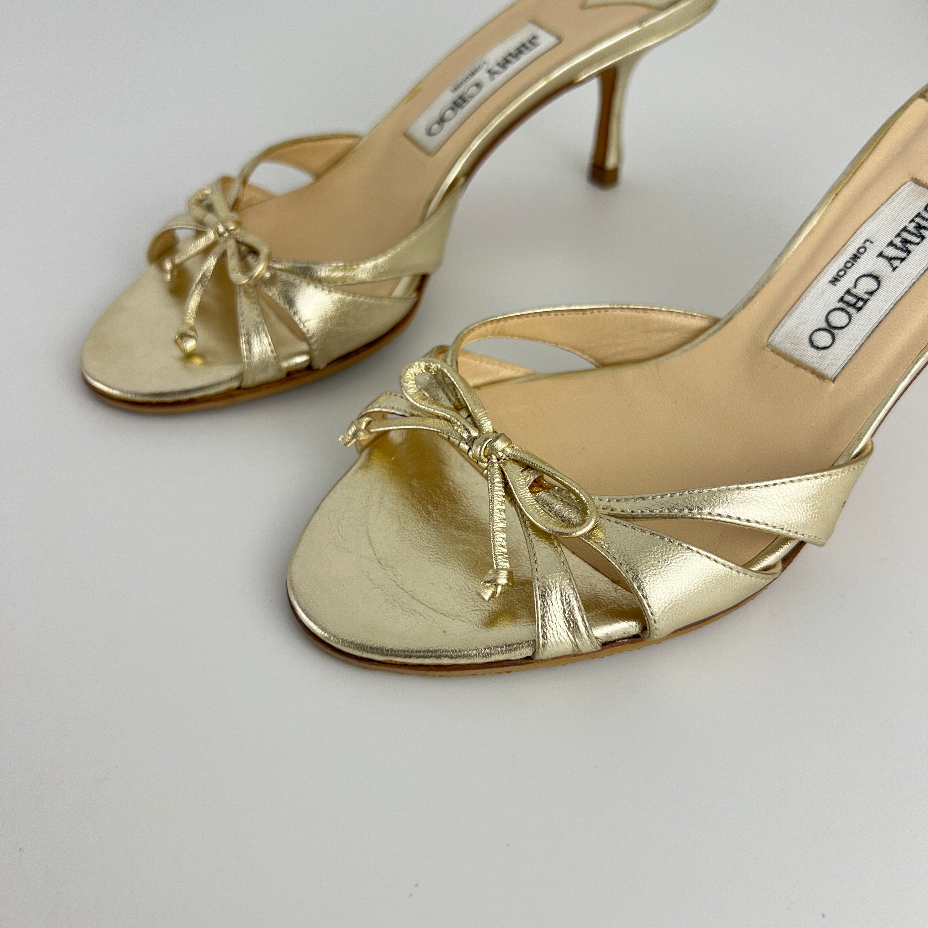 Jimmy Choo | Metallic Gold Ribbon Bow Strappy Kitten Heel Slide Mules (36)