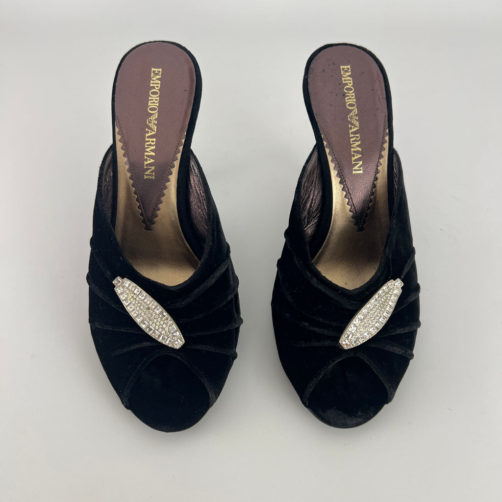 Armani | Black Velvet Crystal Brooch Slide Mules (36)