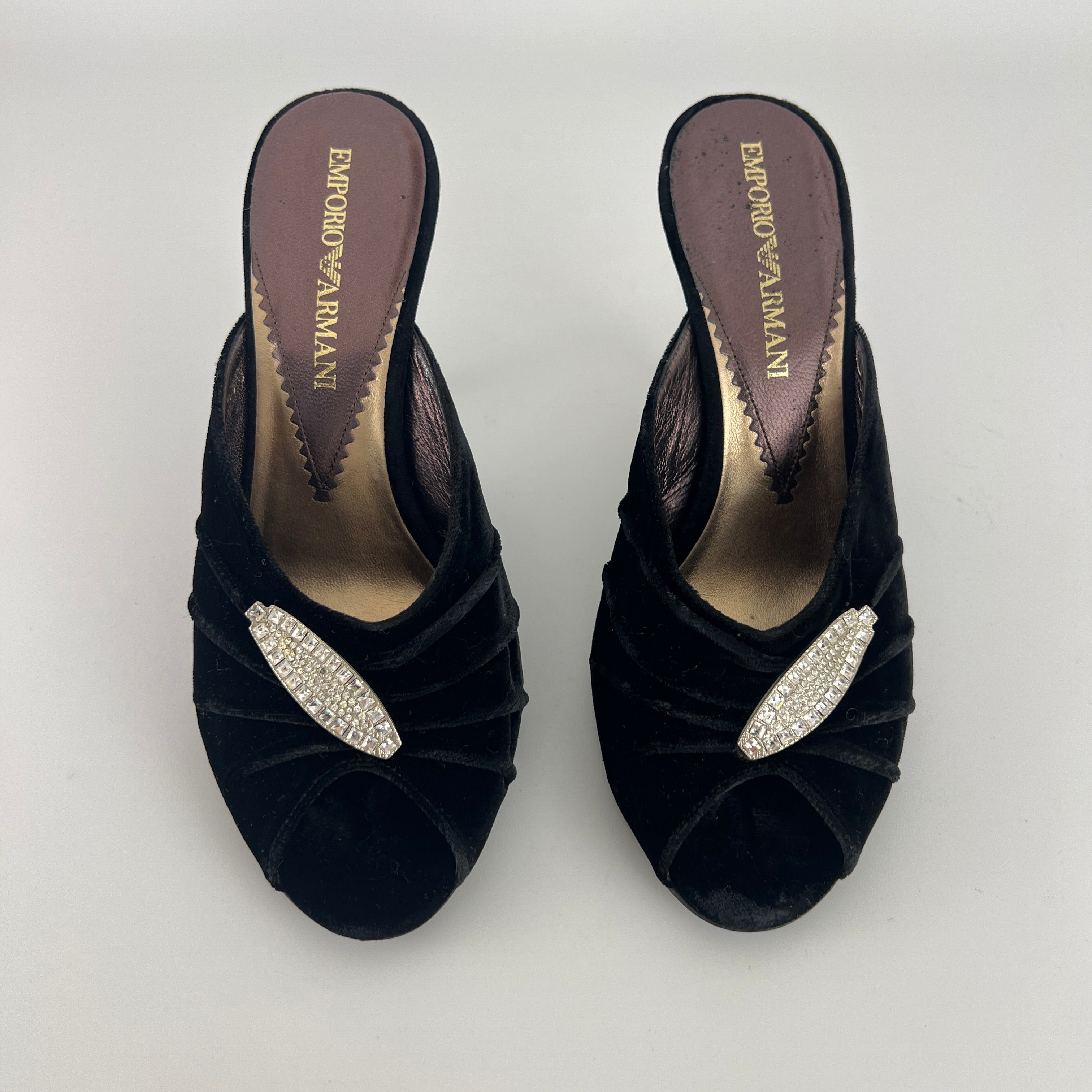 Armani | Black Velvet Crystal Brooch Slide Mules (36)
