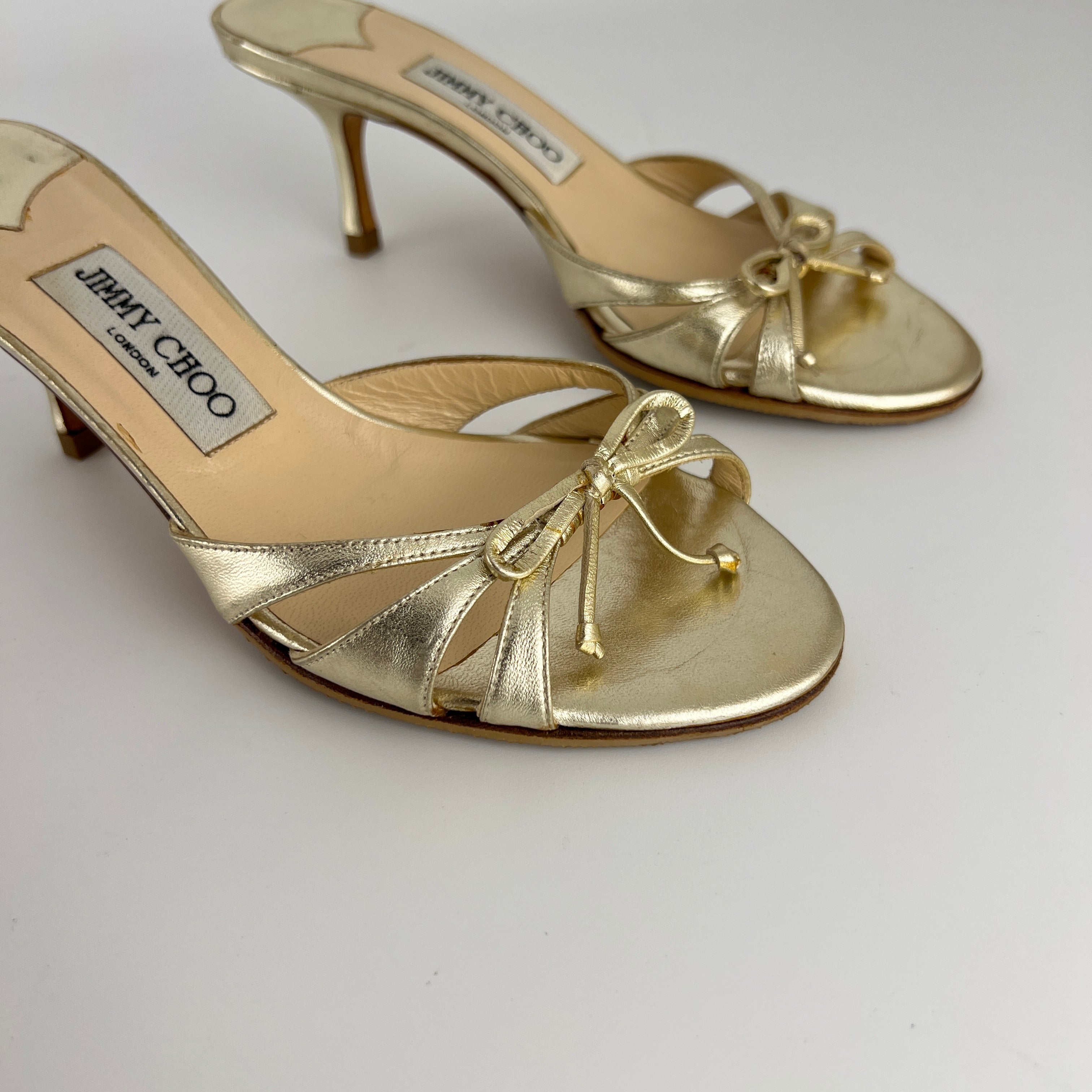 Jimmy Choo | Metallic Gold Ribbon Bow Strappy Kitten Heel Slide Mules (36)