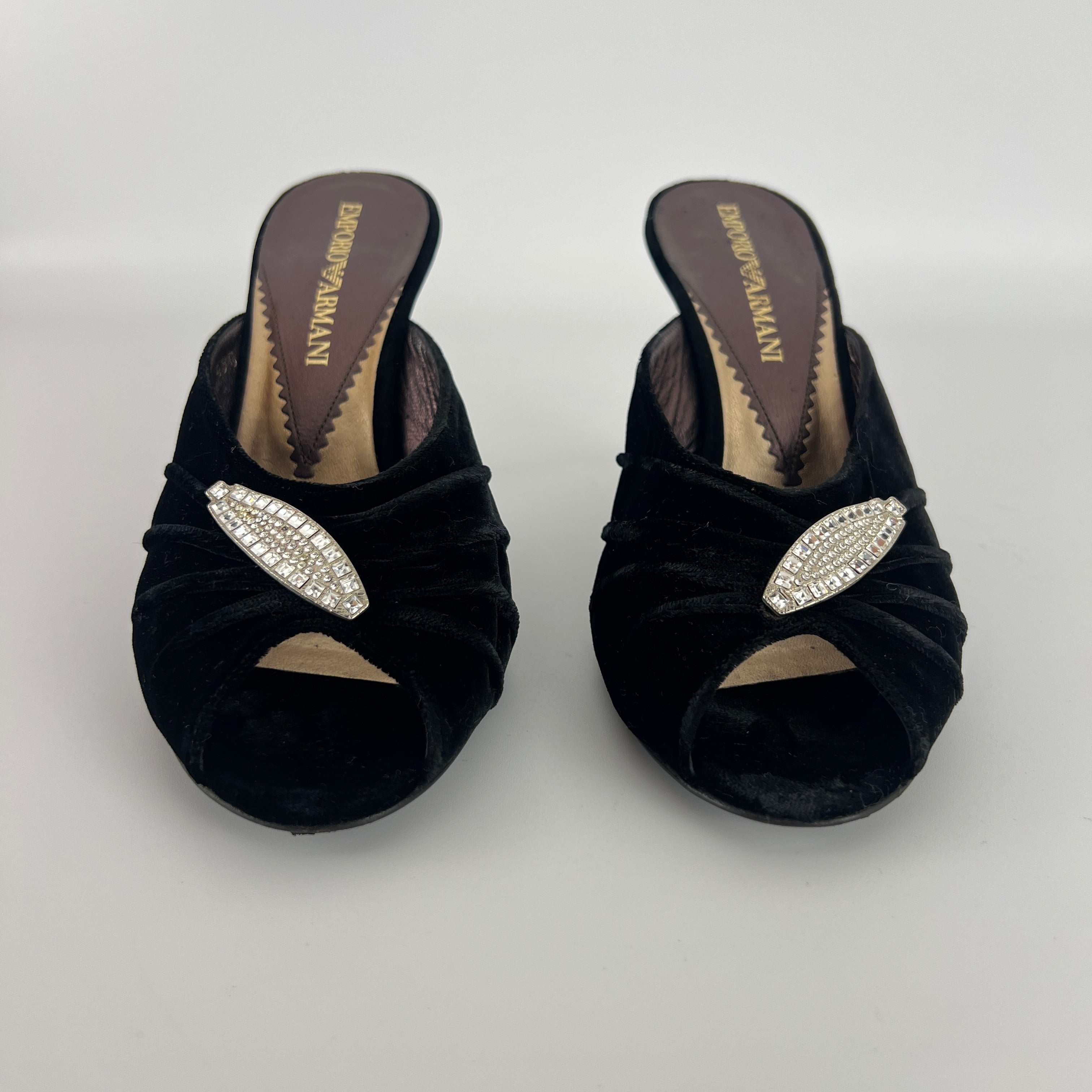 Armani | Black Velvet Crystal Brooch Slide Mules (36)
