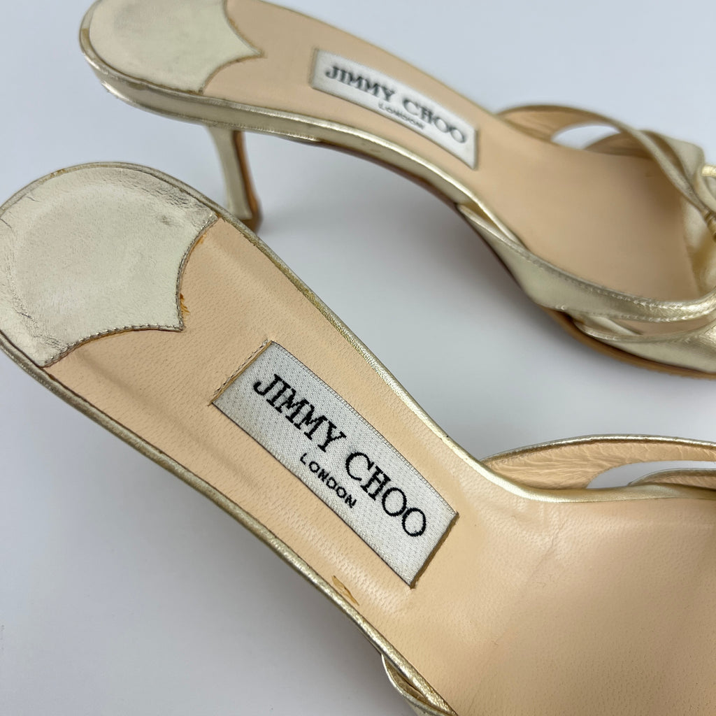 Jimmy Choo | Metallic Gold Ribbon Bow Strappy Kitten Heel Slide Mules (36)
