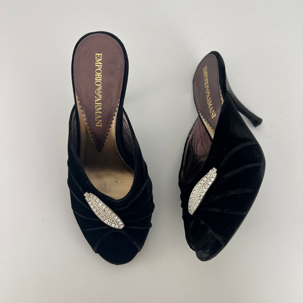 Armani | Black Velvet Crystal Brooch Slide Mules (36)