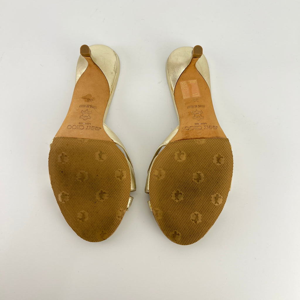Jimmy Choo | Metallic Gold Ribbon Bow Strappy Kitten Heel Slide Mules (36)