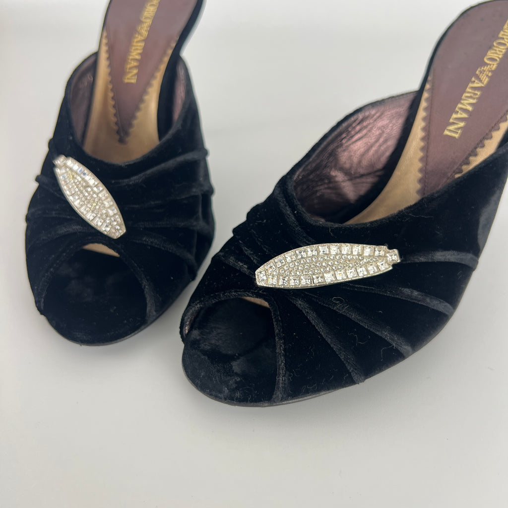 Armani | Black Velvet Crystal Brooch Slide Mules (36)