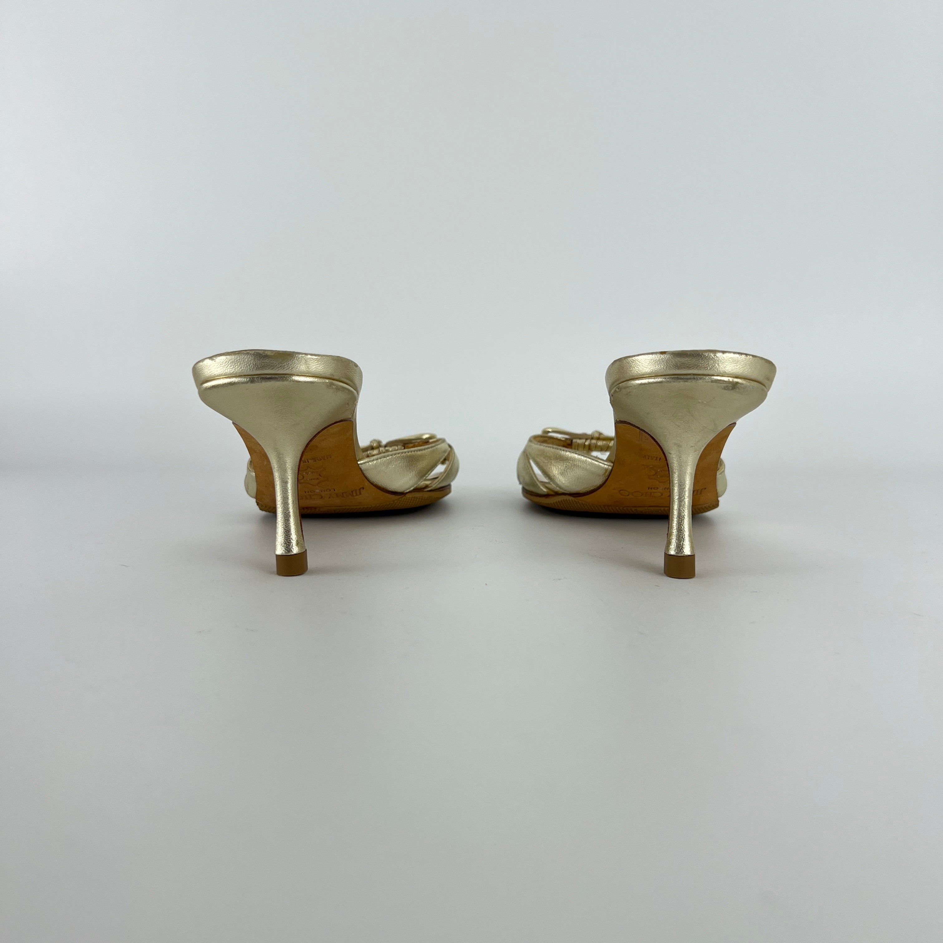 Jimmy Choo | Metallic Gold Ribbon Bow Strappy Kitten Heel Slide Mules (36)