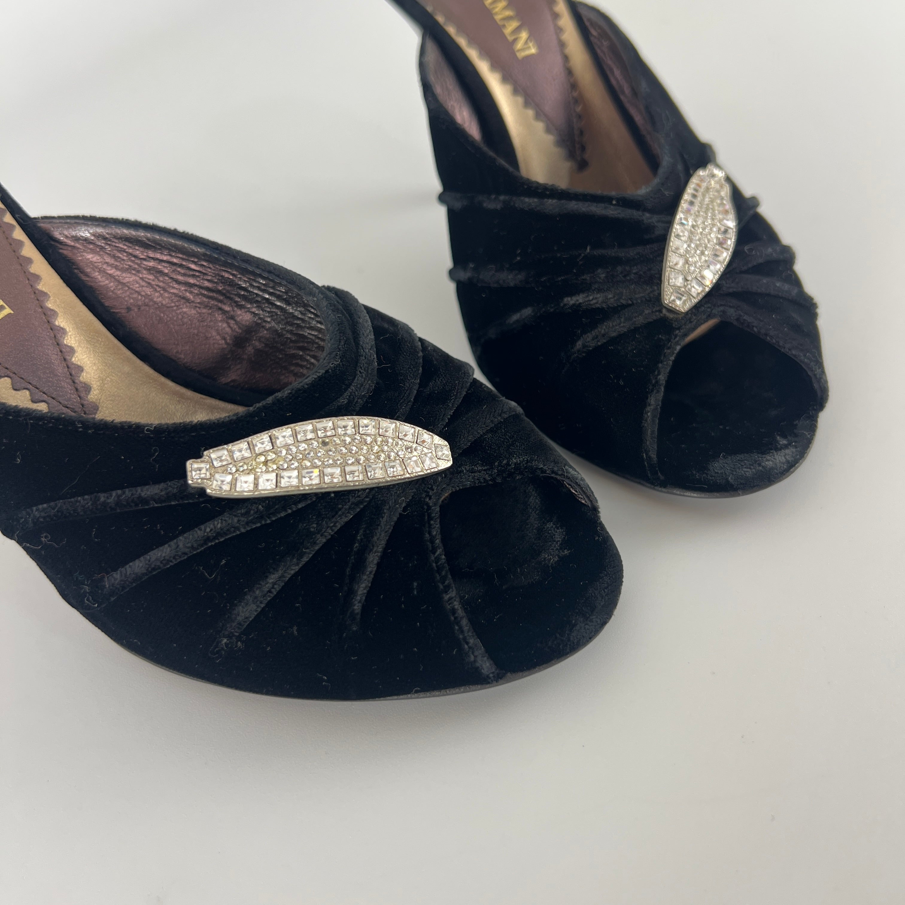 Armani | Black Velvet Crystal Brooch Slide Mules (36)