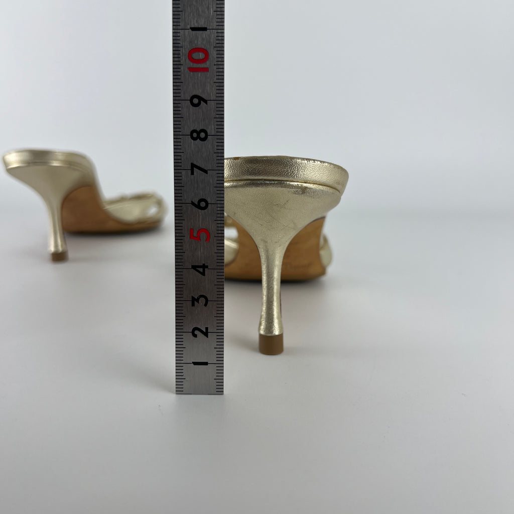Jimmy Choo | Metallic Gold Ribbon Bow Strappy Kitten Heel Slide Mules (36)