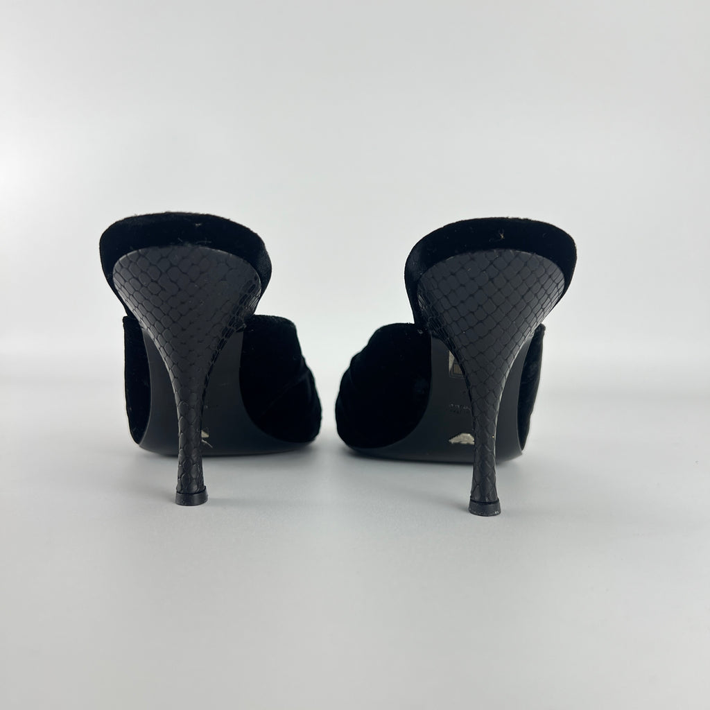 Armani | Black Velvet Crystal Brooch Slide Mules (36)
