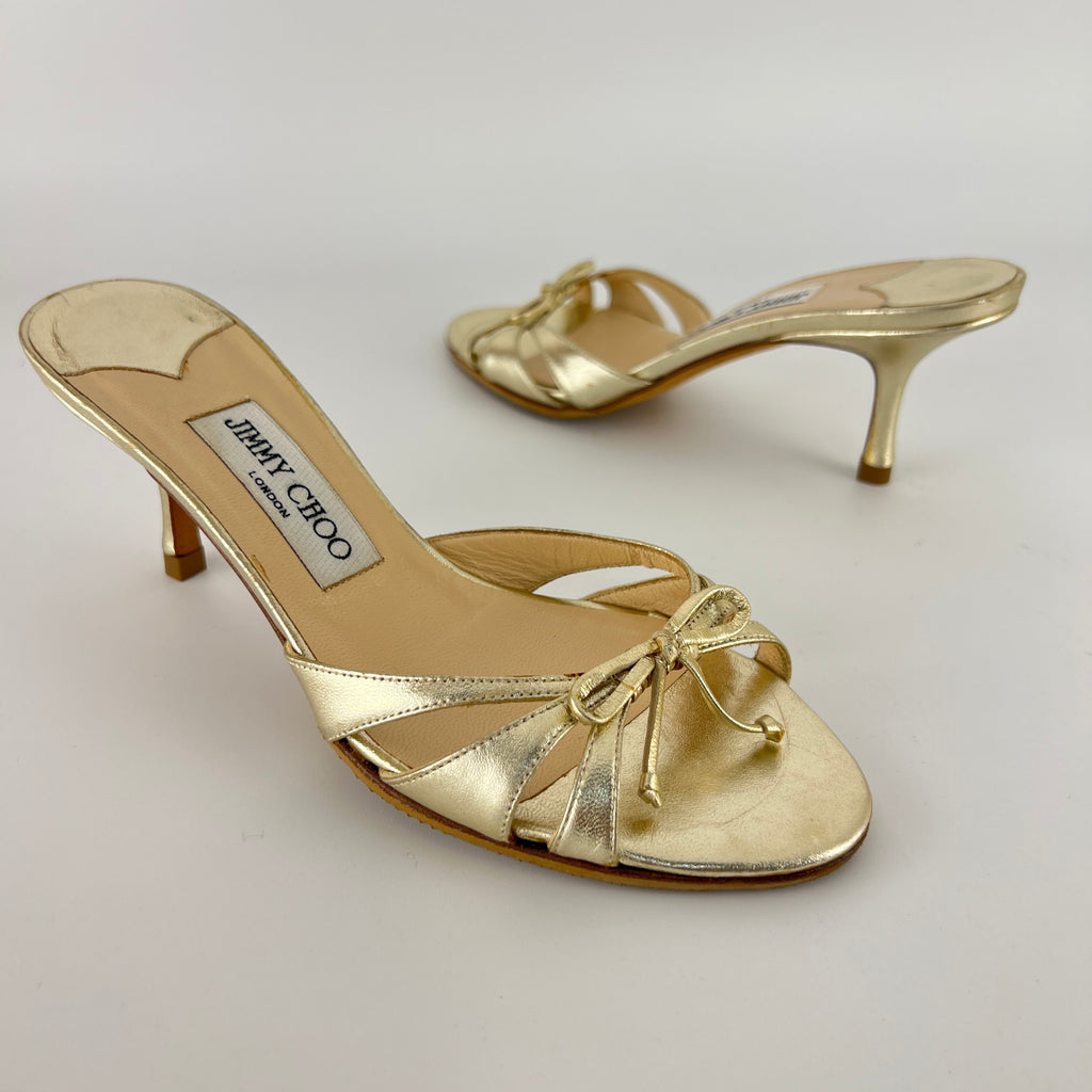 Jimmy Choo | Metallic Gold Ribbon Bow Strappy Kitten Heel Slide Mules (36)