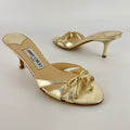 Jimmy Choo | Metallic Gold Ribbon Bow Strappy Kitten Heel Slide Mules (36)