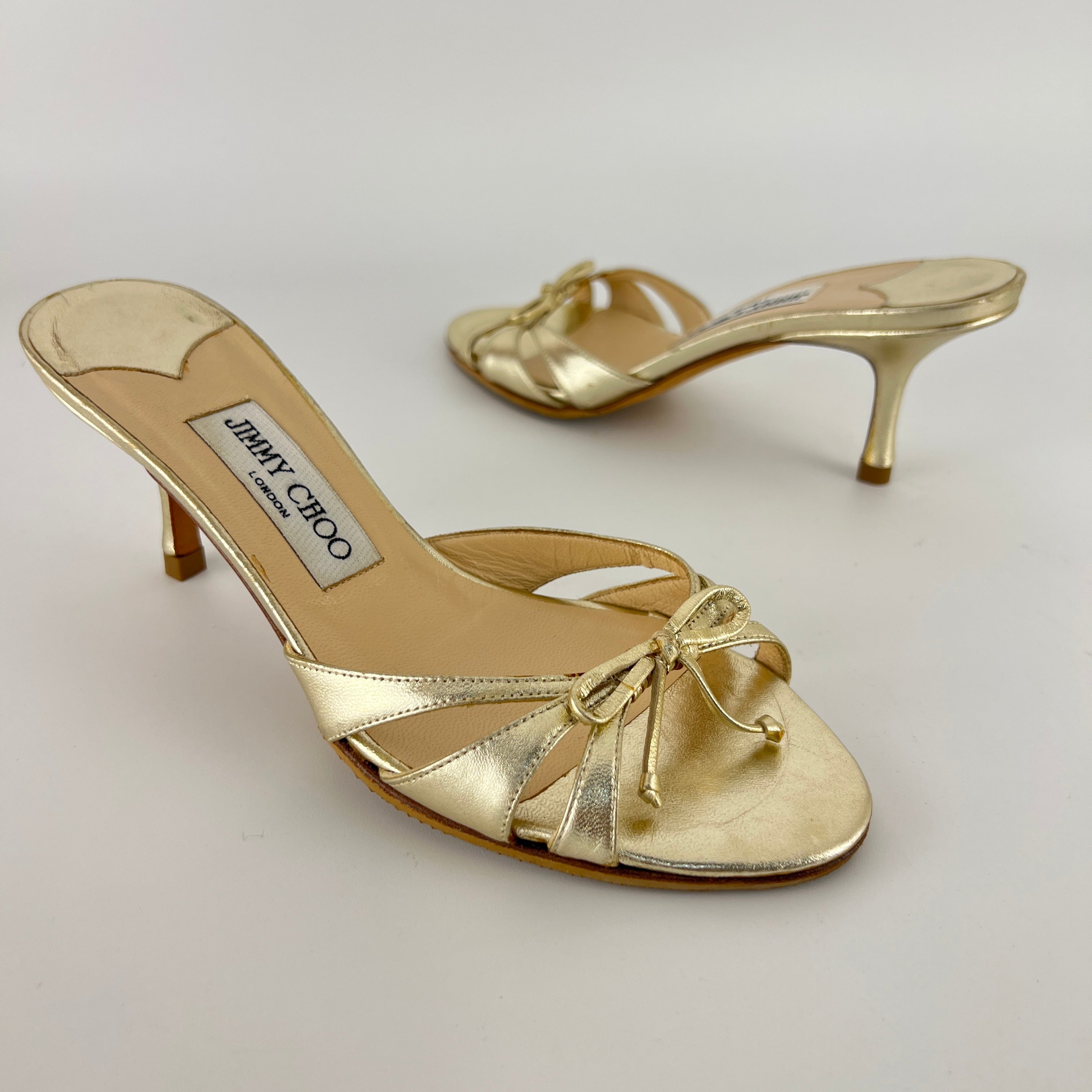 Jimmy Choo | Metallic Gold Ribbon Bow Strappy Kitten Heel Slide Mules (36)