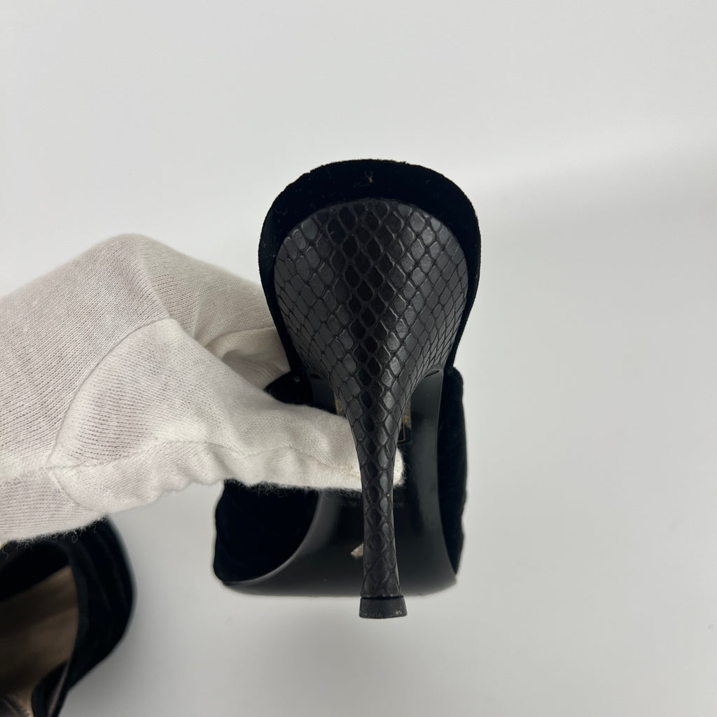 Armani | Black Velvet Crystal Brooch Slide Mules (36)