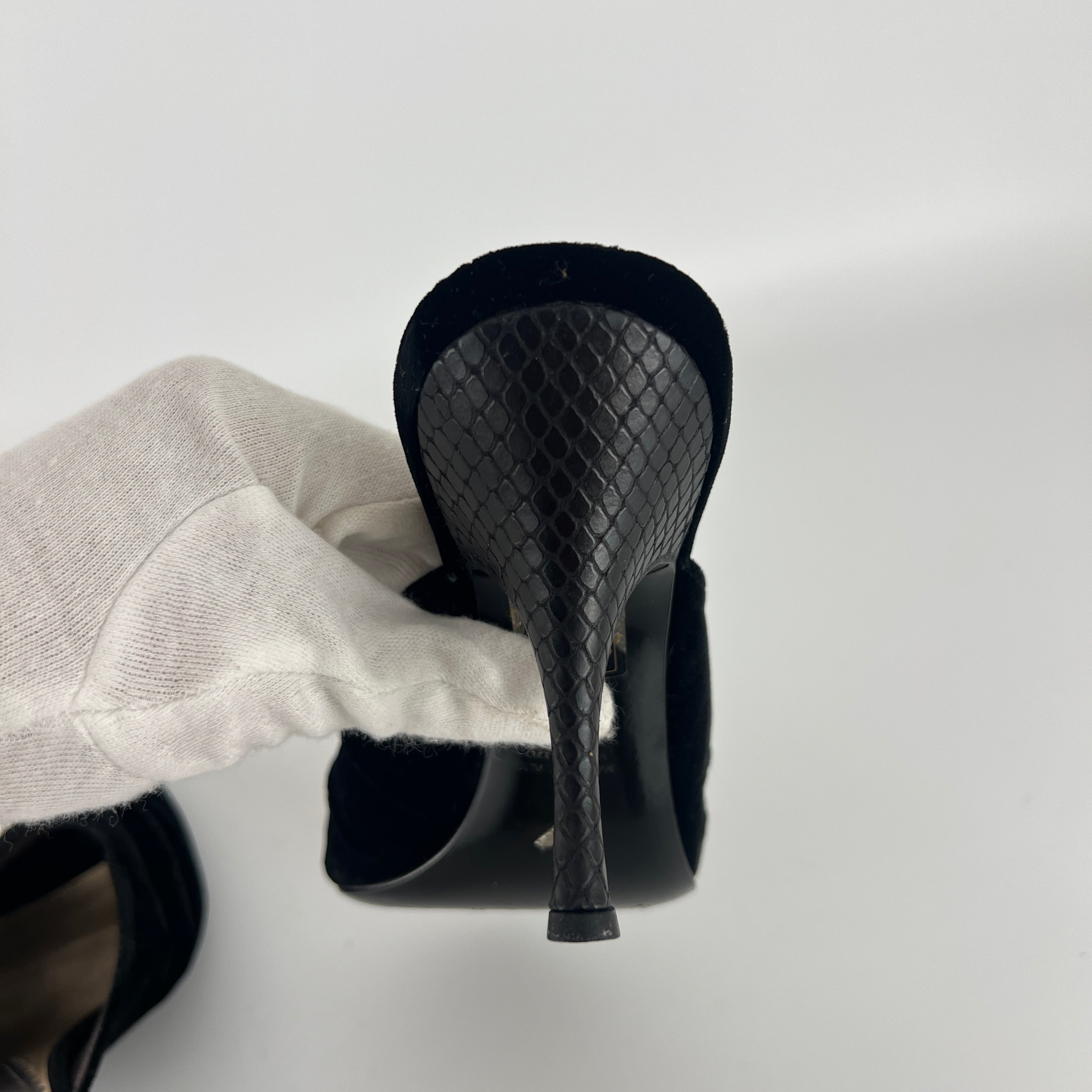 Armani | Black Velvet Crystal Brooch Slide Mules (36)