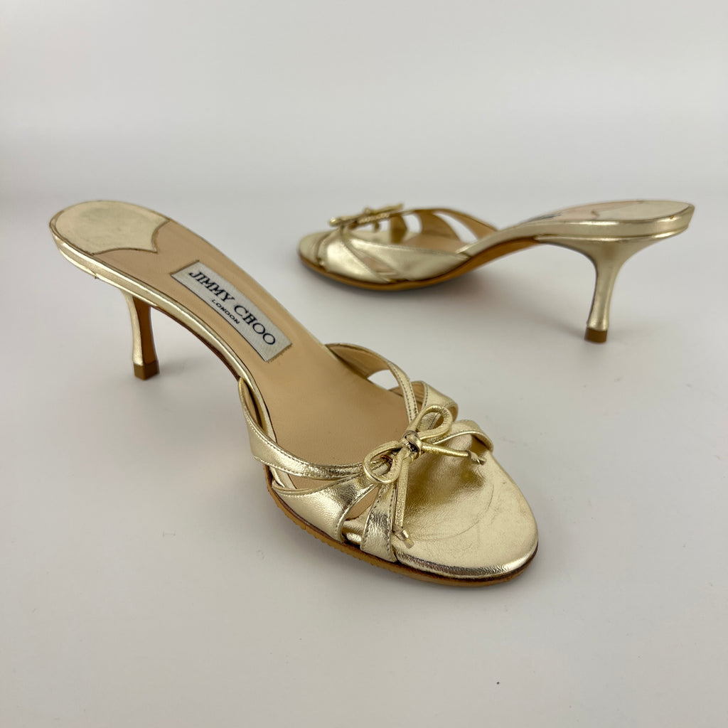 Jimmy Choo | Metallic Gold Ribbon Bow Strappy Kitten Heel Slide Mules (36)